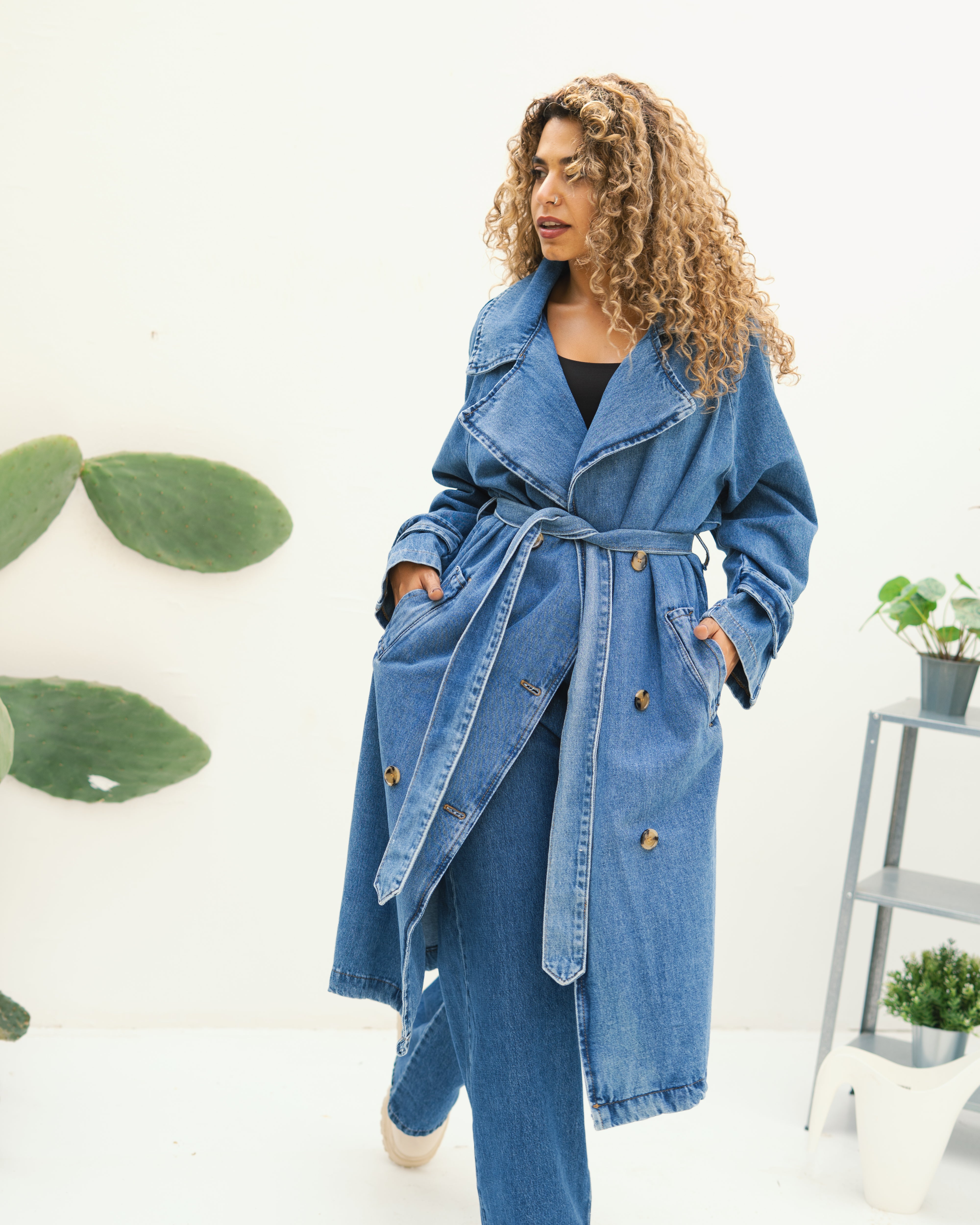 جاكيت جينز طويل – مع حزام (أزرار)