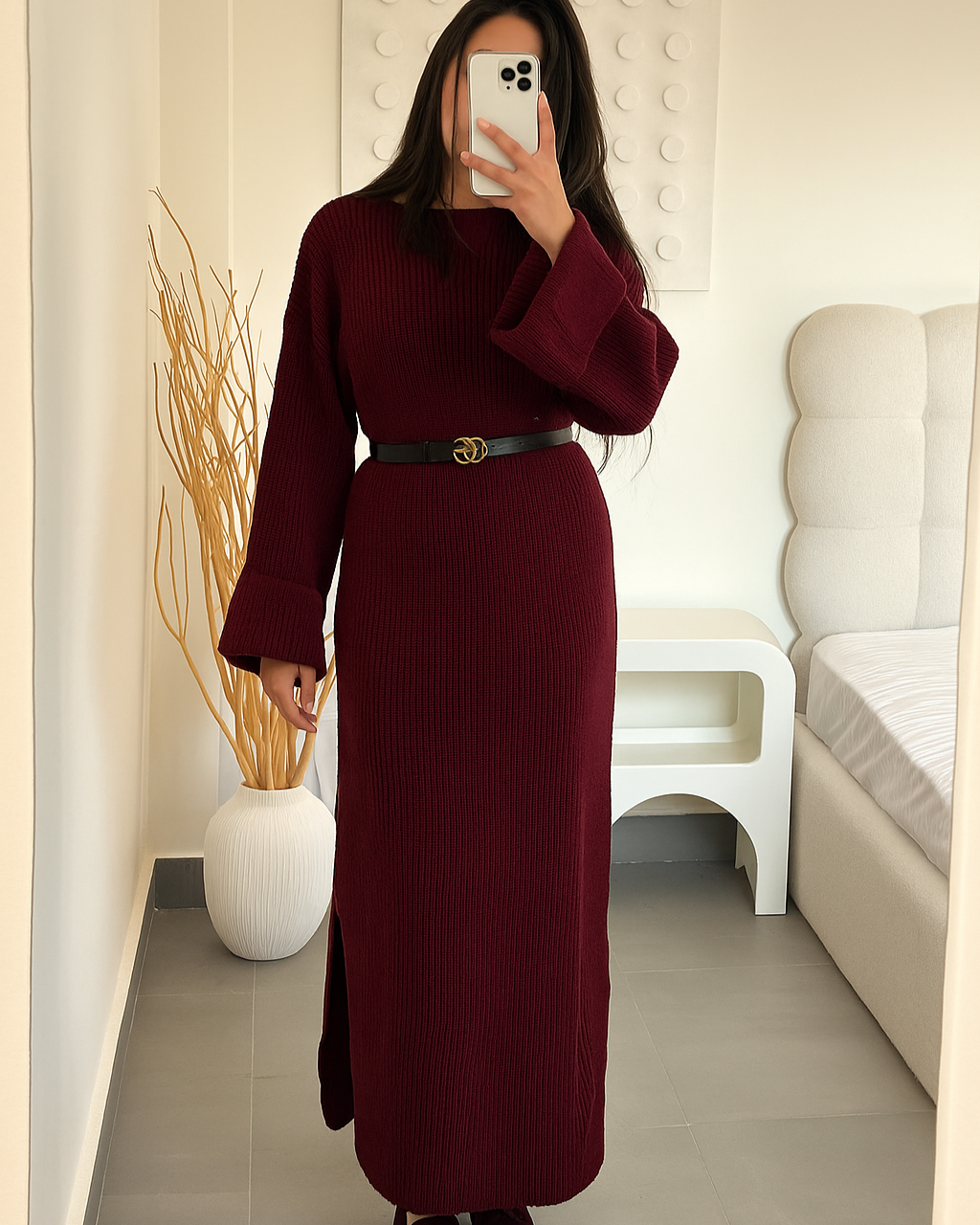 فستان محبوك - سادة بأكمام مطوية