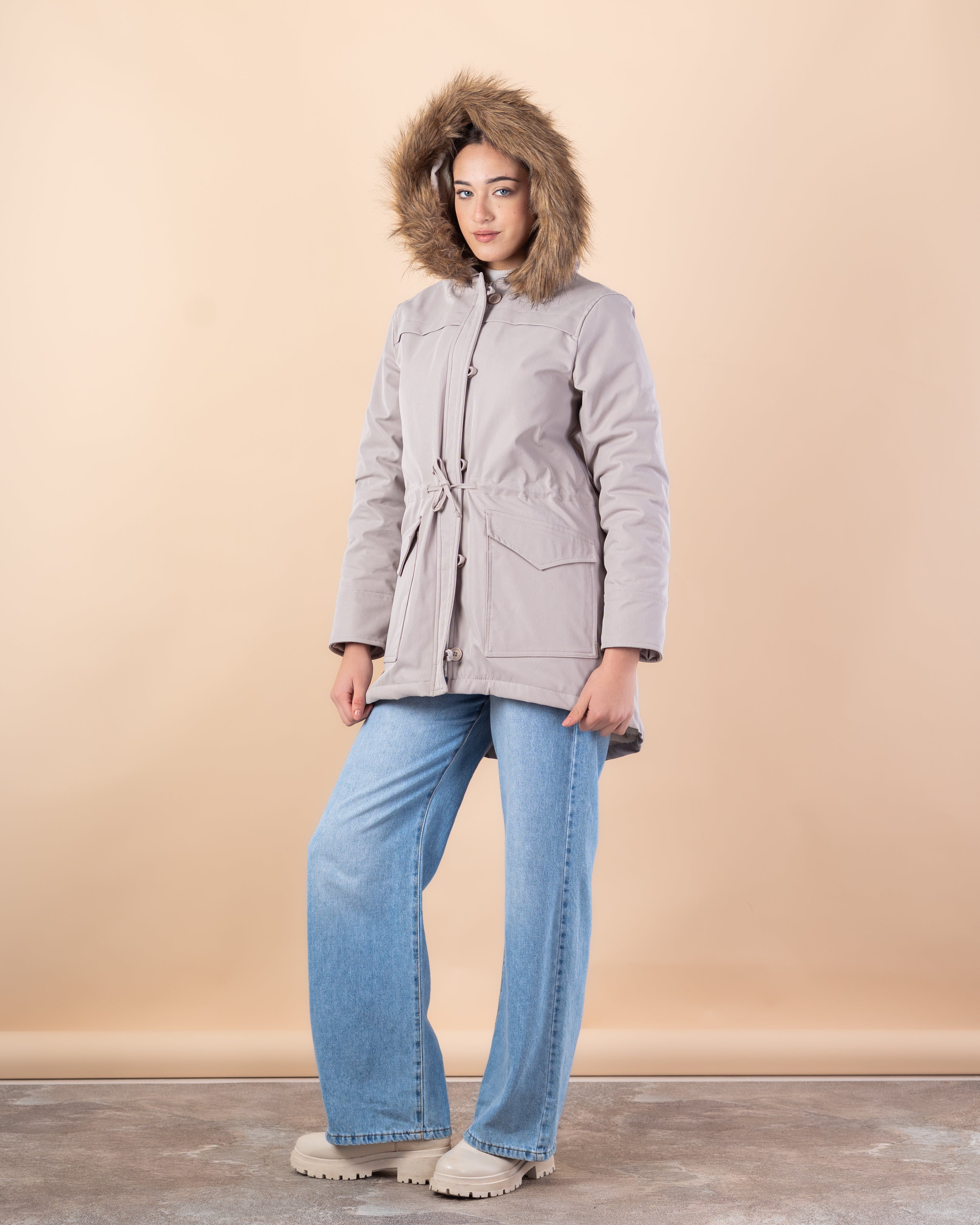 Plain Gabardine Jacket – Fur Hood