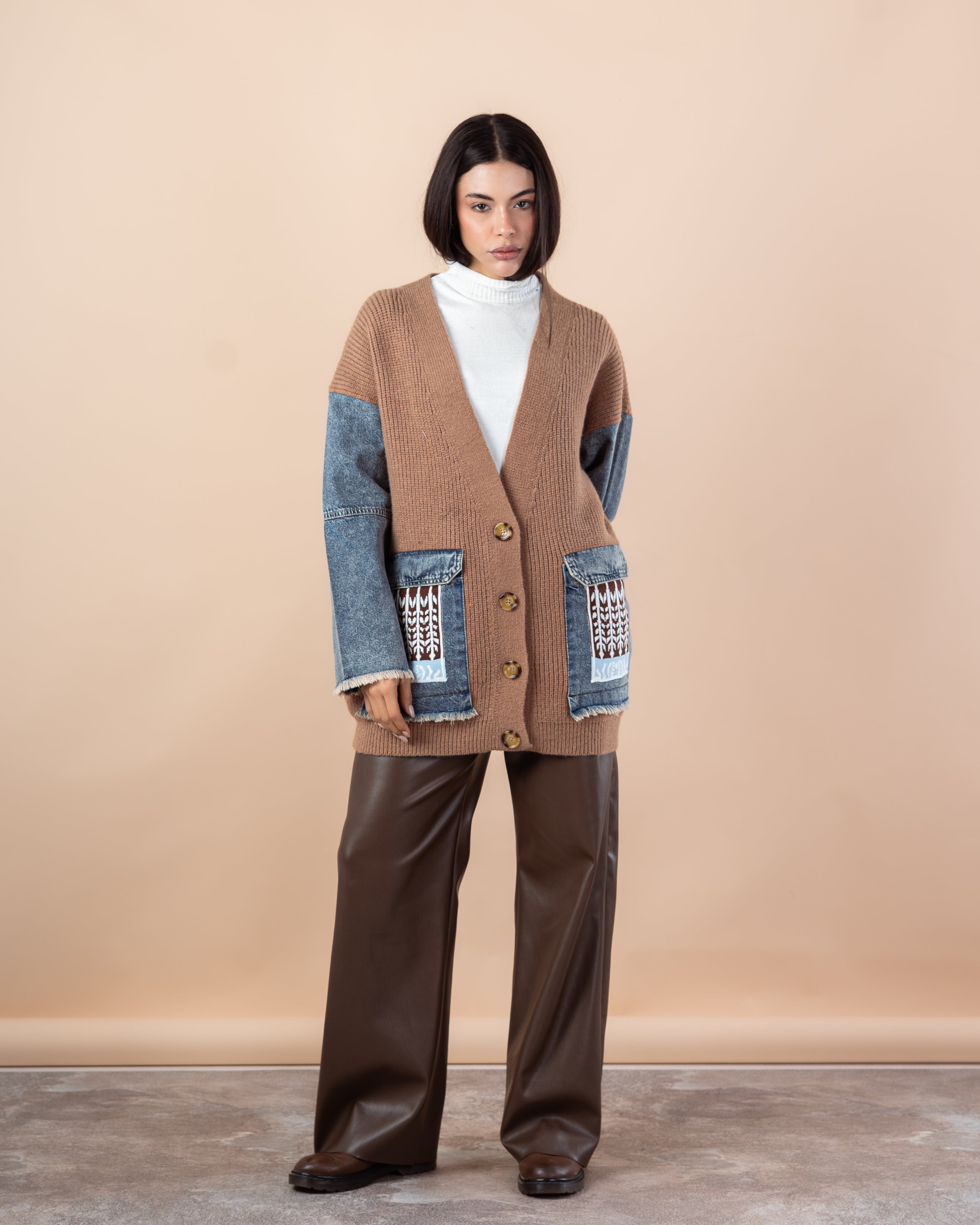 Knitwear Cardigan – (Denim Sleeves, Denim Pocket)