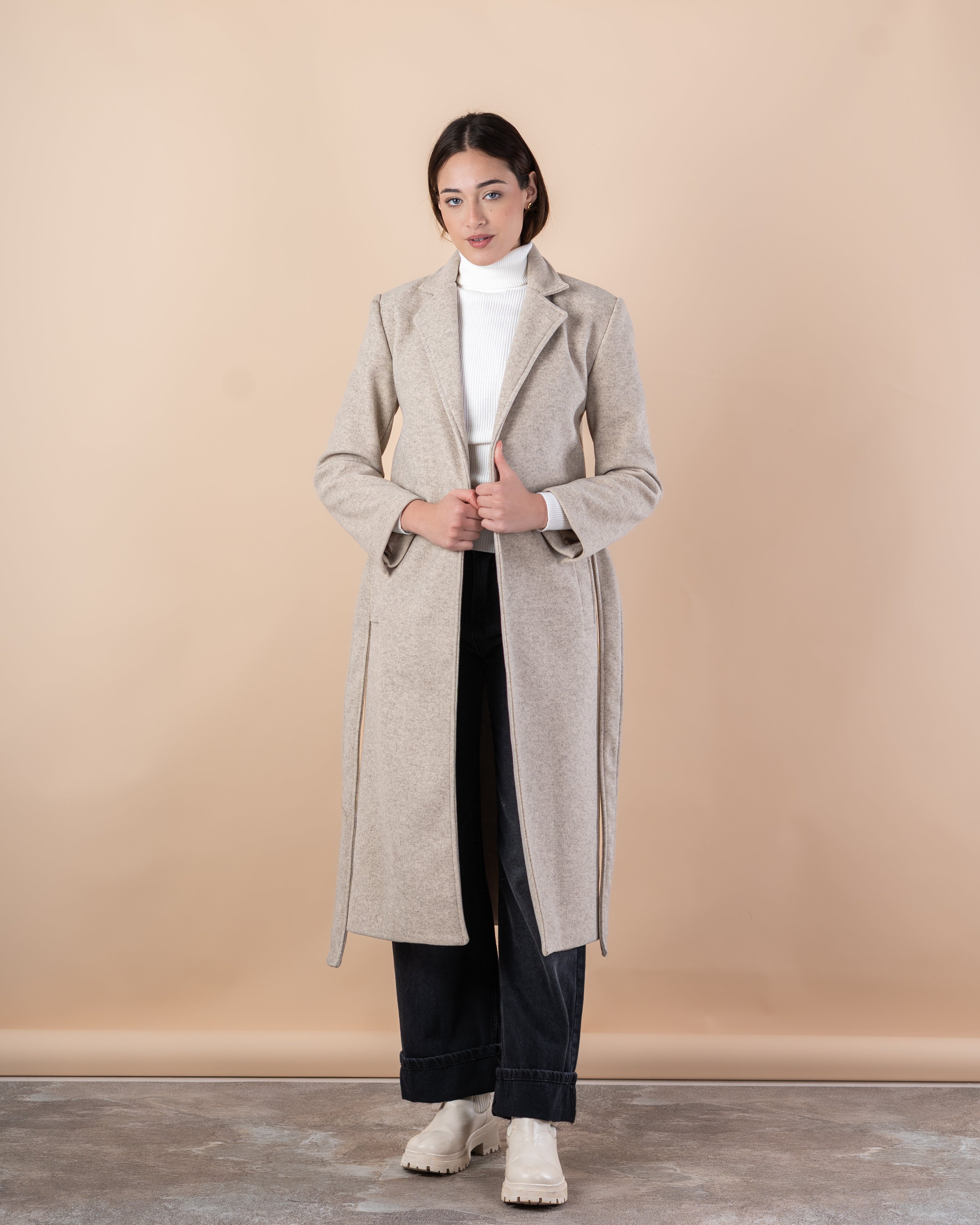 Wool Trench Coat – Long With Belt (Small Collar, 2 Pockets)