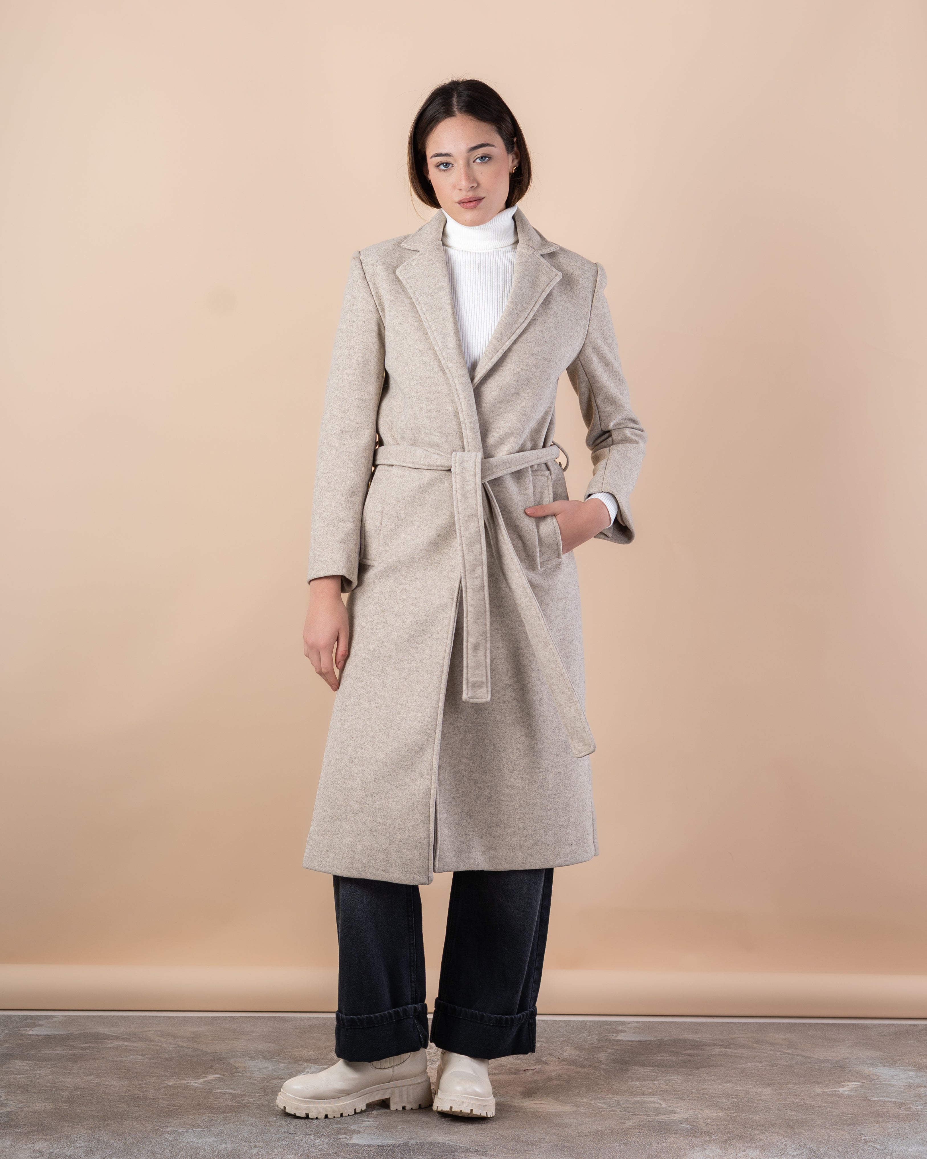 Wool Trench Coat – Long With Belt (Small Collar, 2 Pockets)