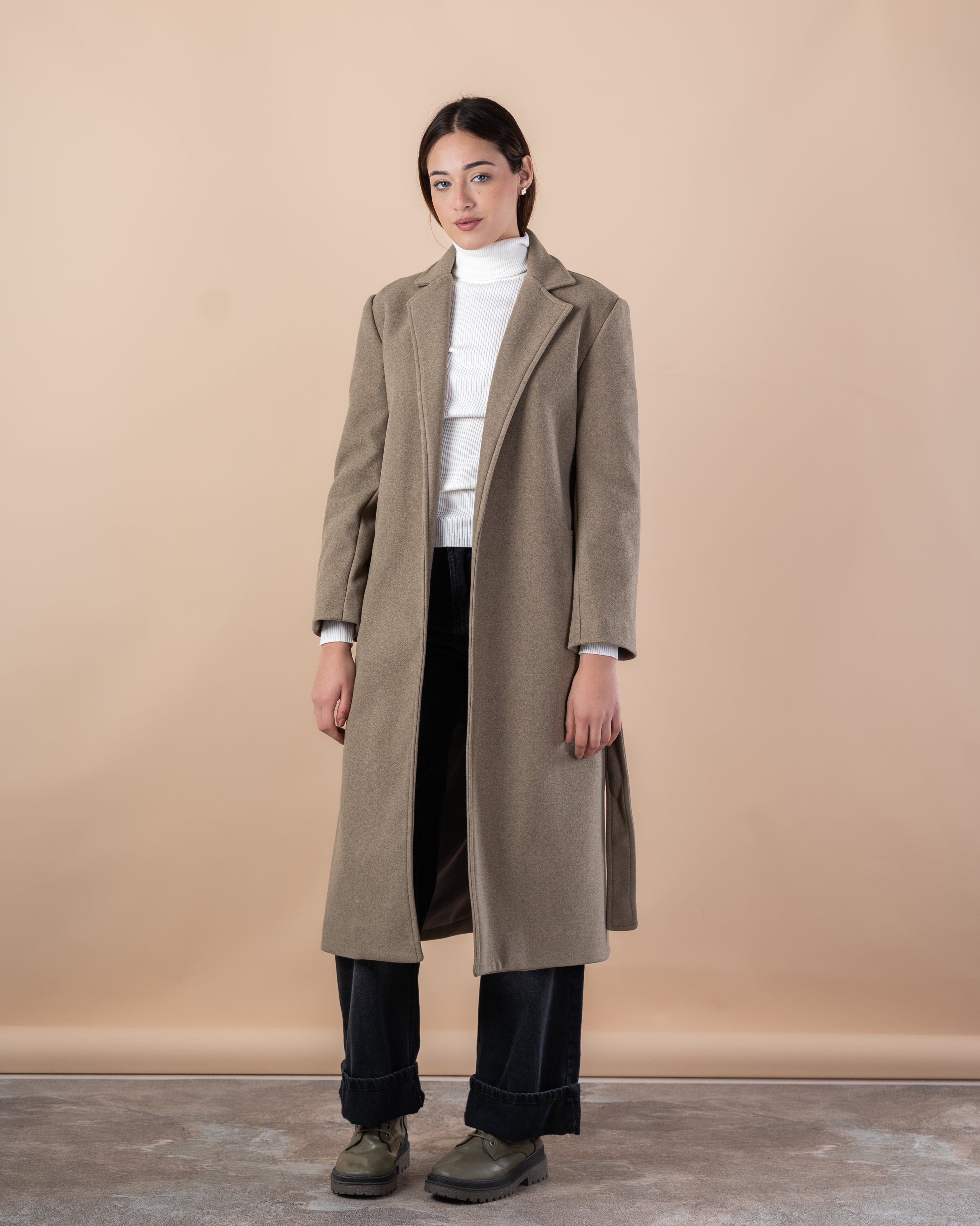 Wool Trench Coat – Long With Belt (Small Collar, 2 Pockets)