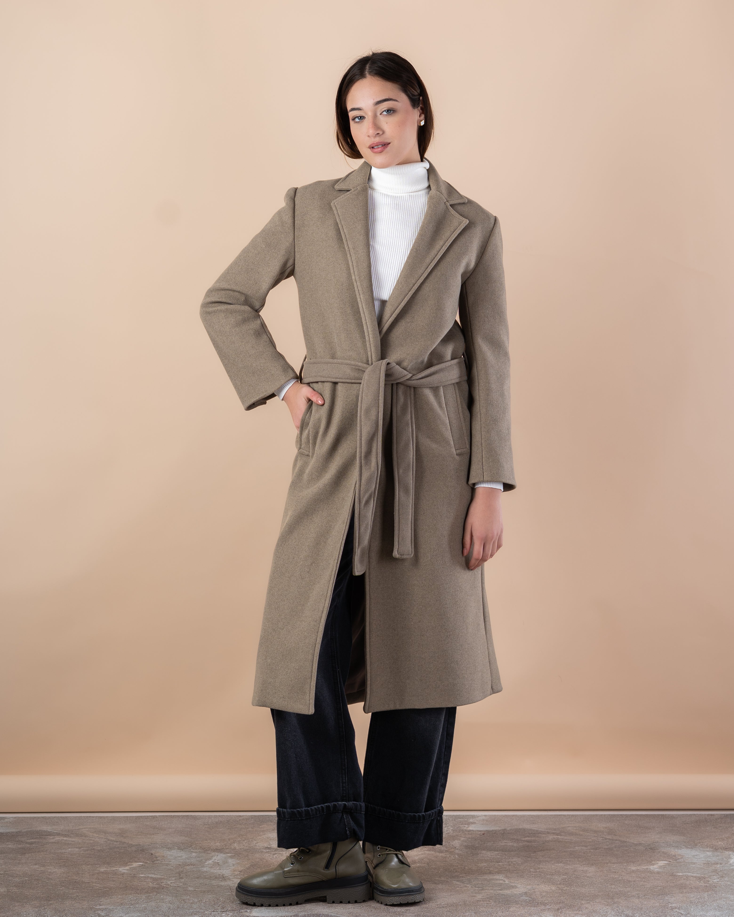 Wool Trench Coat – Long With Belt (Small Collar, 2 Pockets)