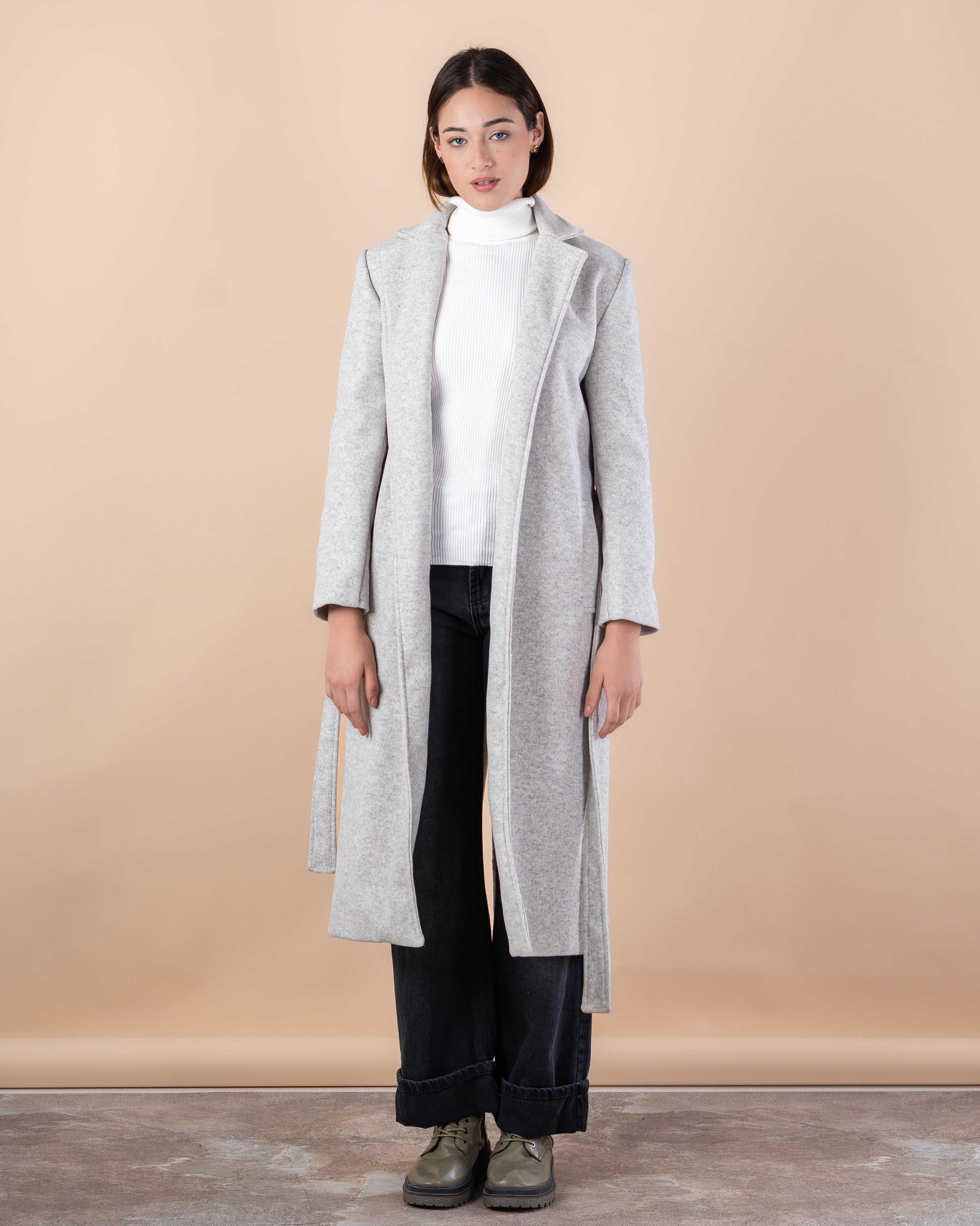 Wool Trench Coat – Long With Belt (Small Collar, 2 Pockets)