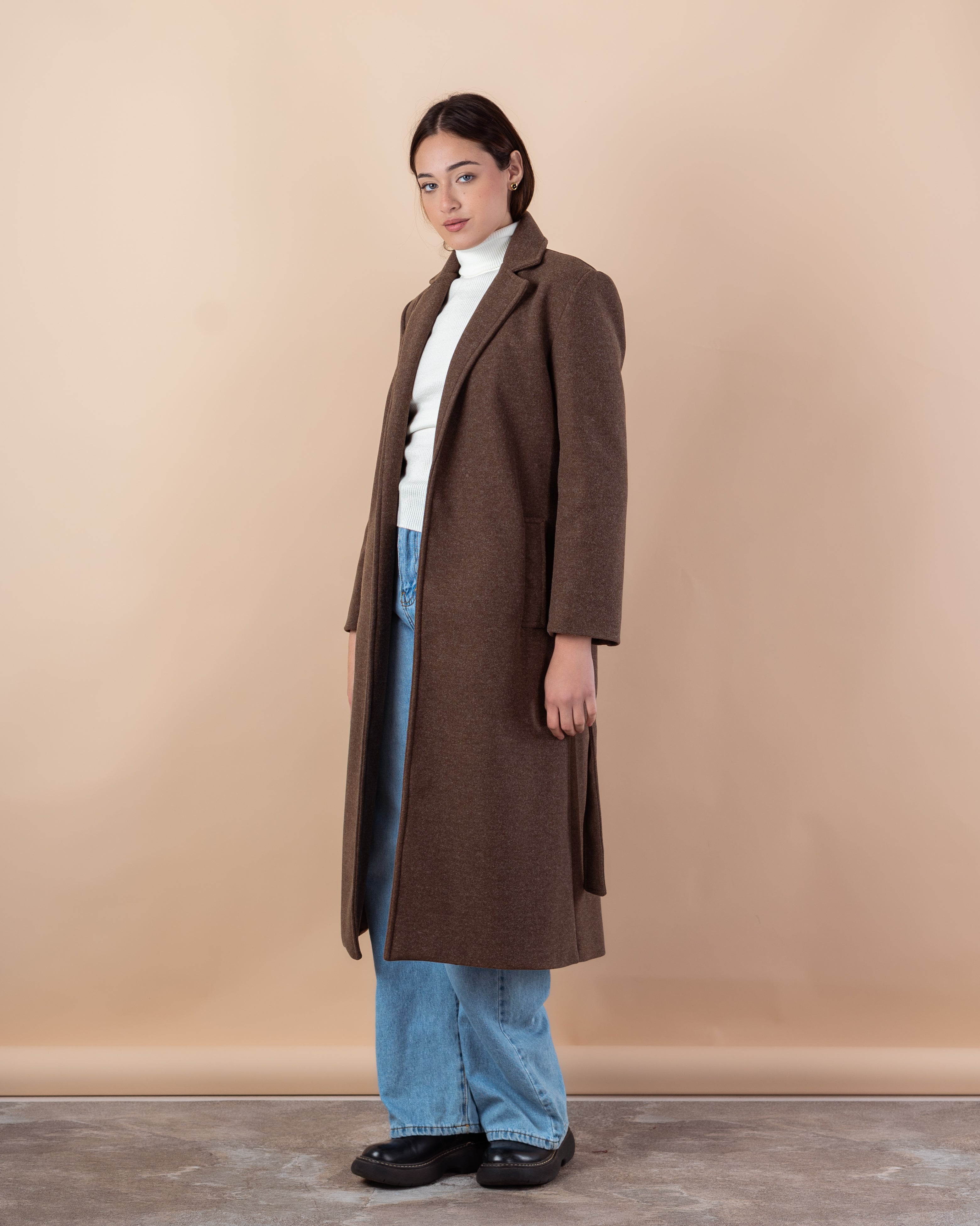 Wool Trench Coat – Long With Belt (Small Collar, 2 Pockets)