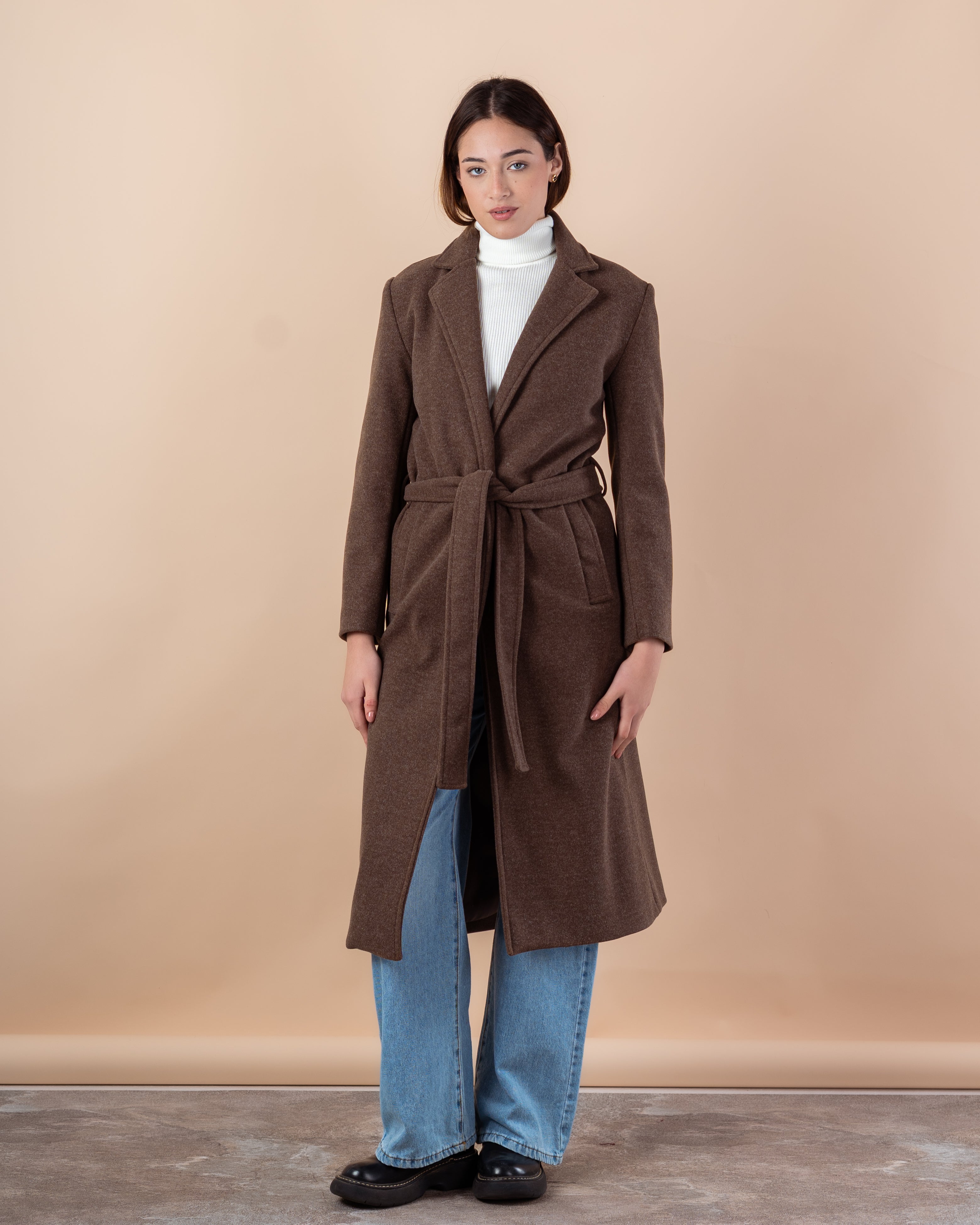 Wool Trench Coat – Long With Belt (Small Collar, 2 Pockets)