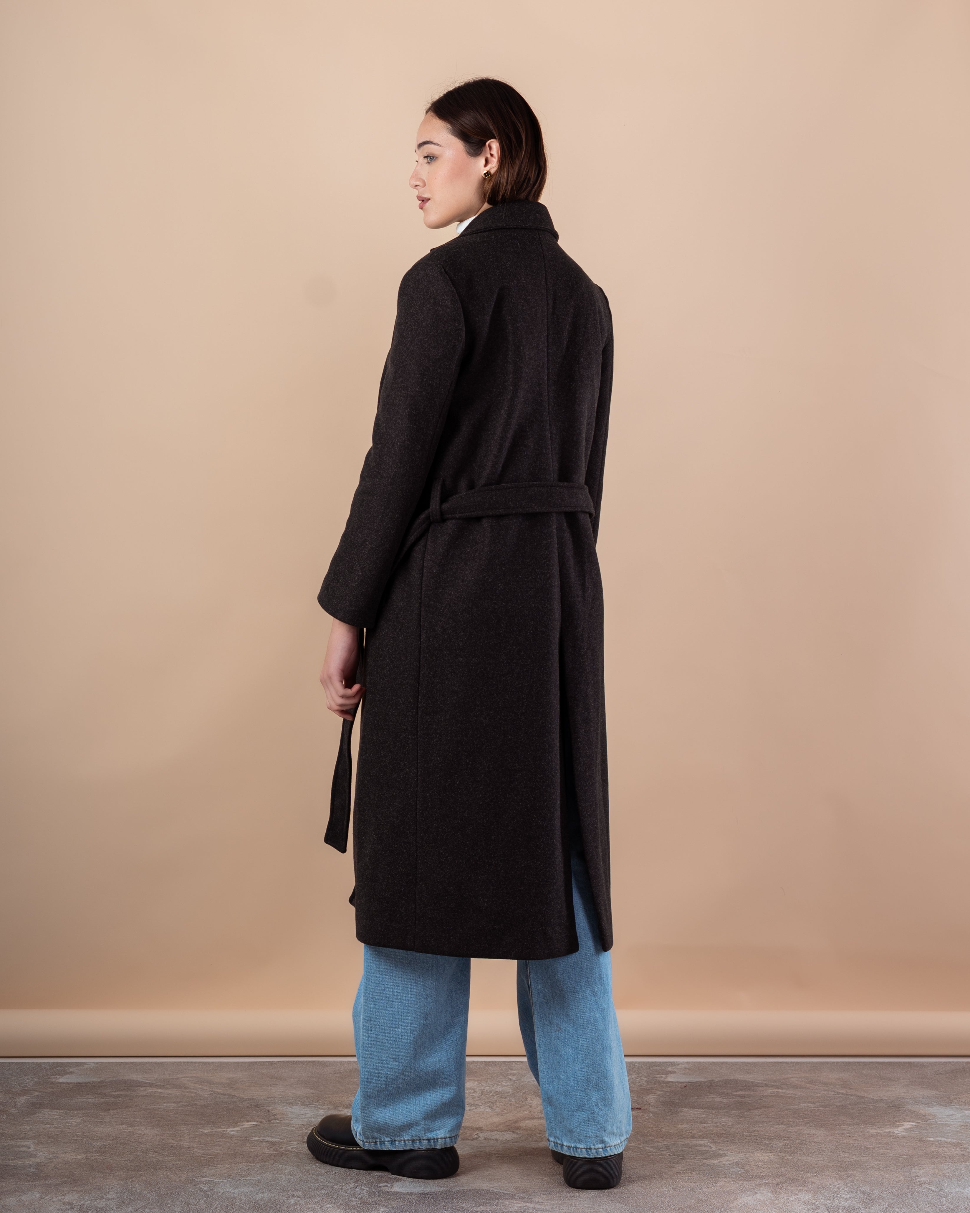 Wool Trench Coat – Long With Belt (Small Collar, 2 Pockets)