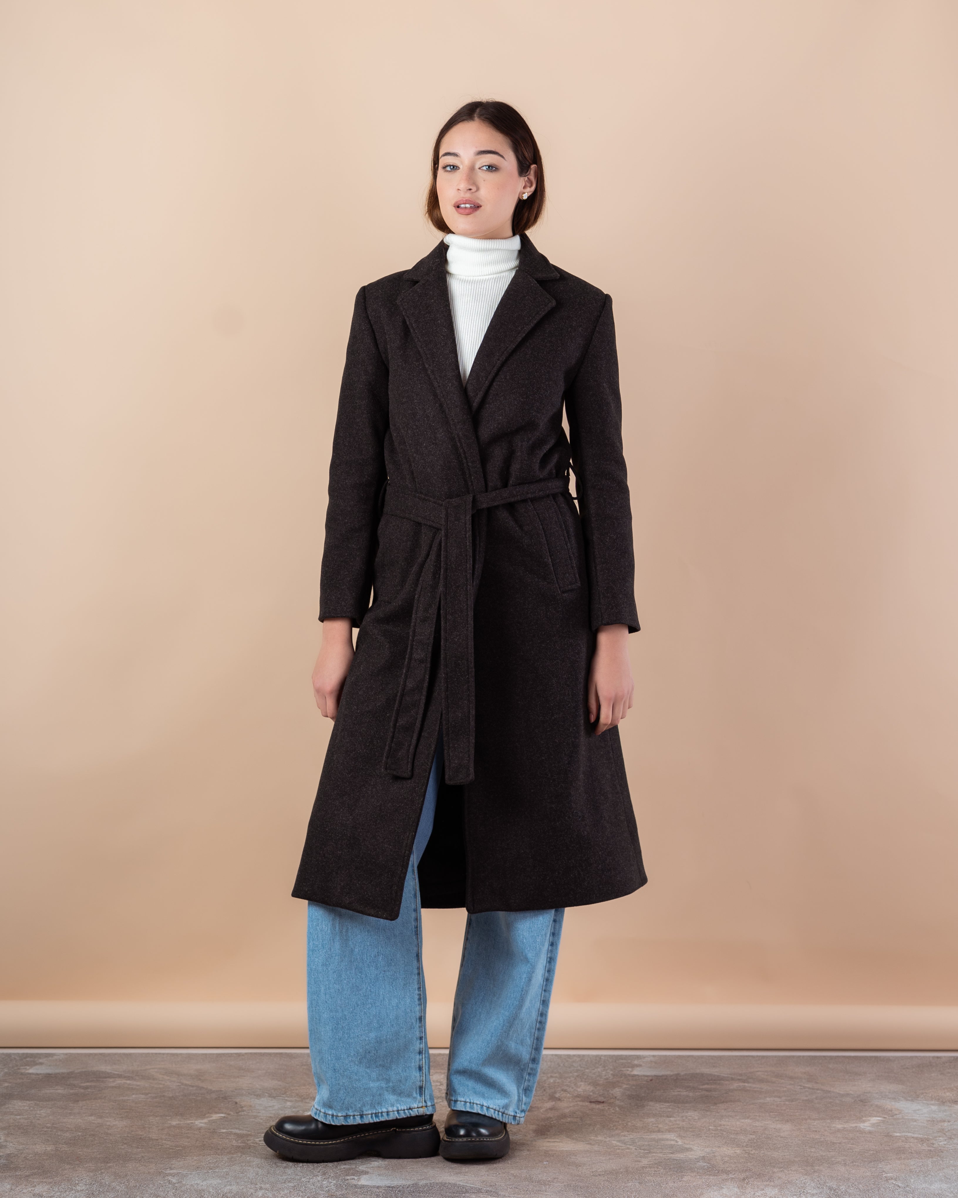 Wool Trench Coat – Long With Belt (Small Collar, 2 Pockets)