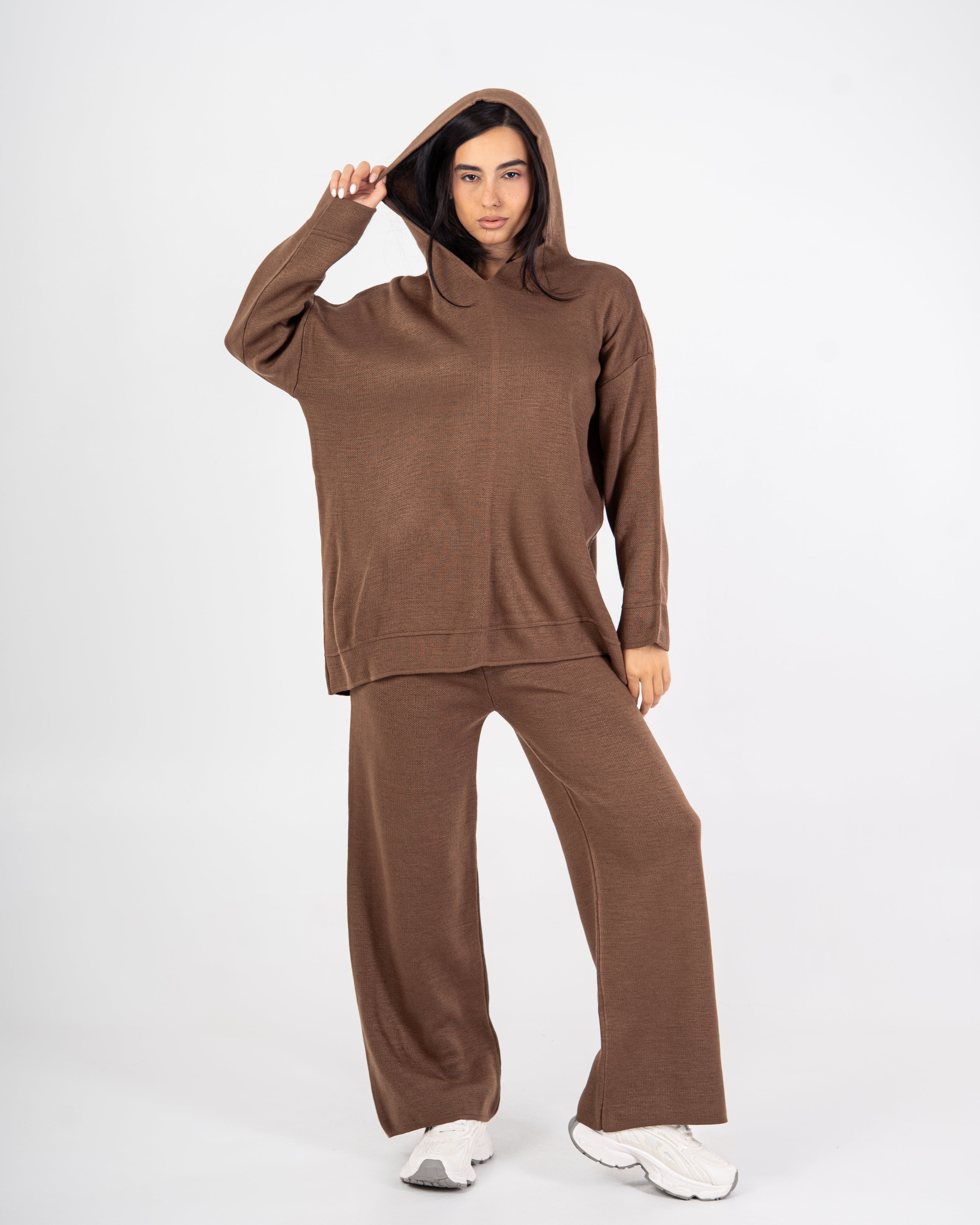 Knitwear plain suit with a hood