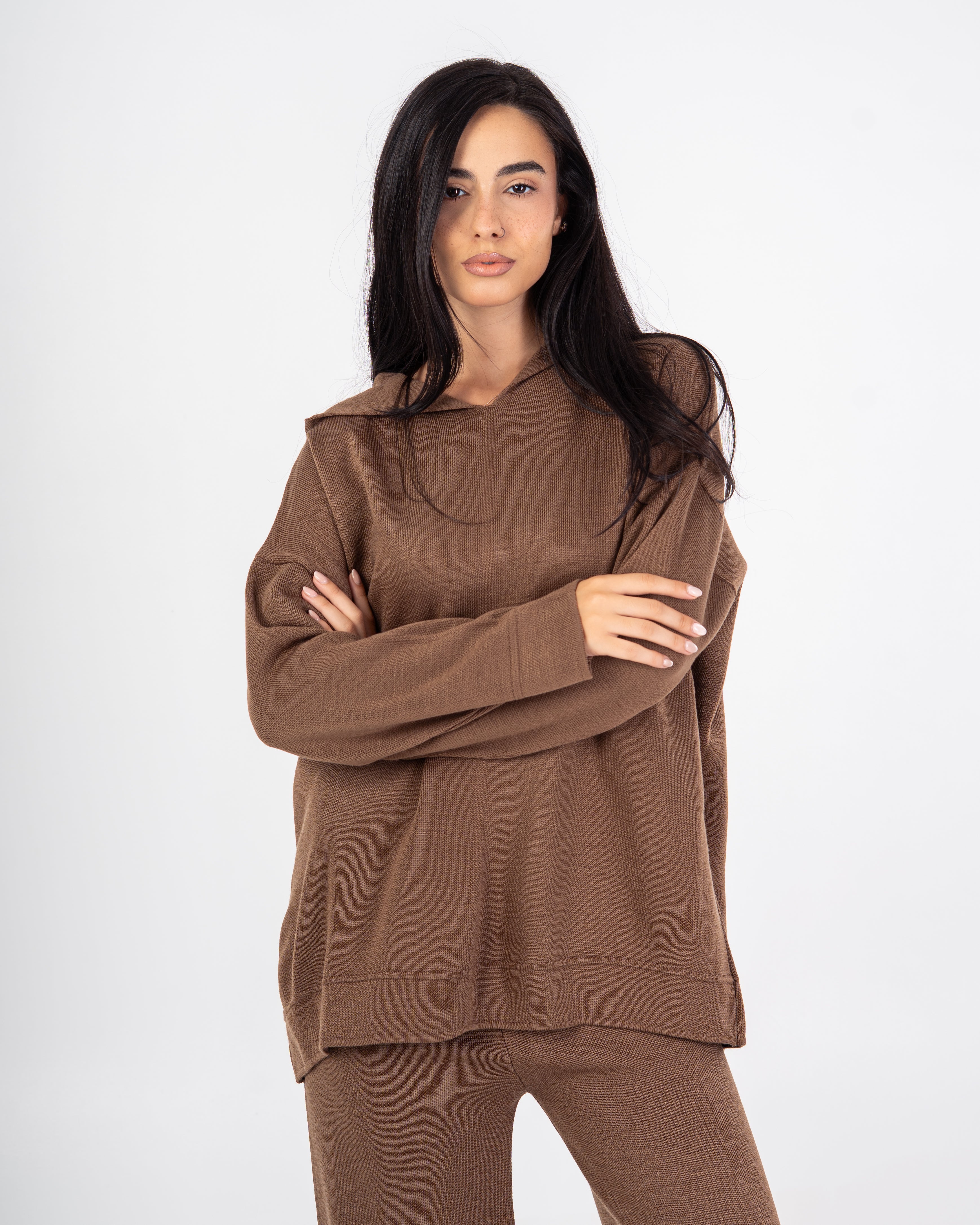 Knitwear plain suit with a hood