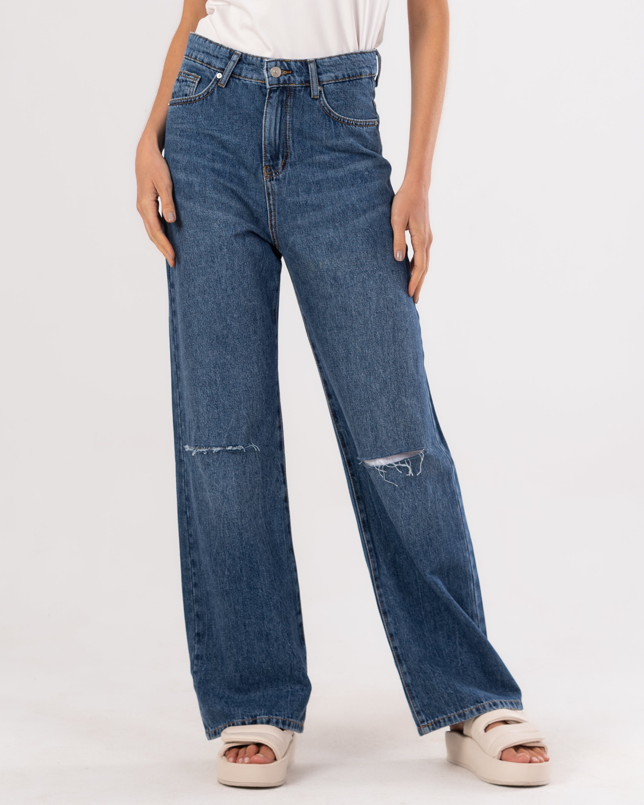 Wide-Leg Denim Trouser - With Knee Cut