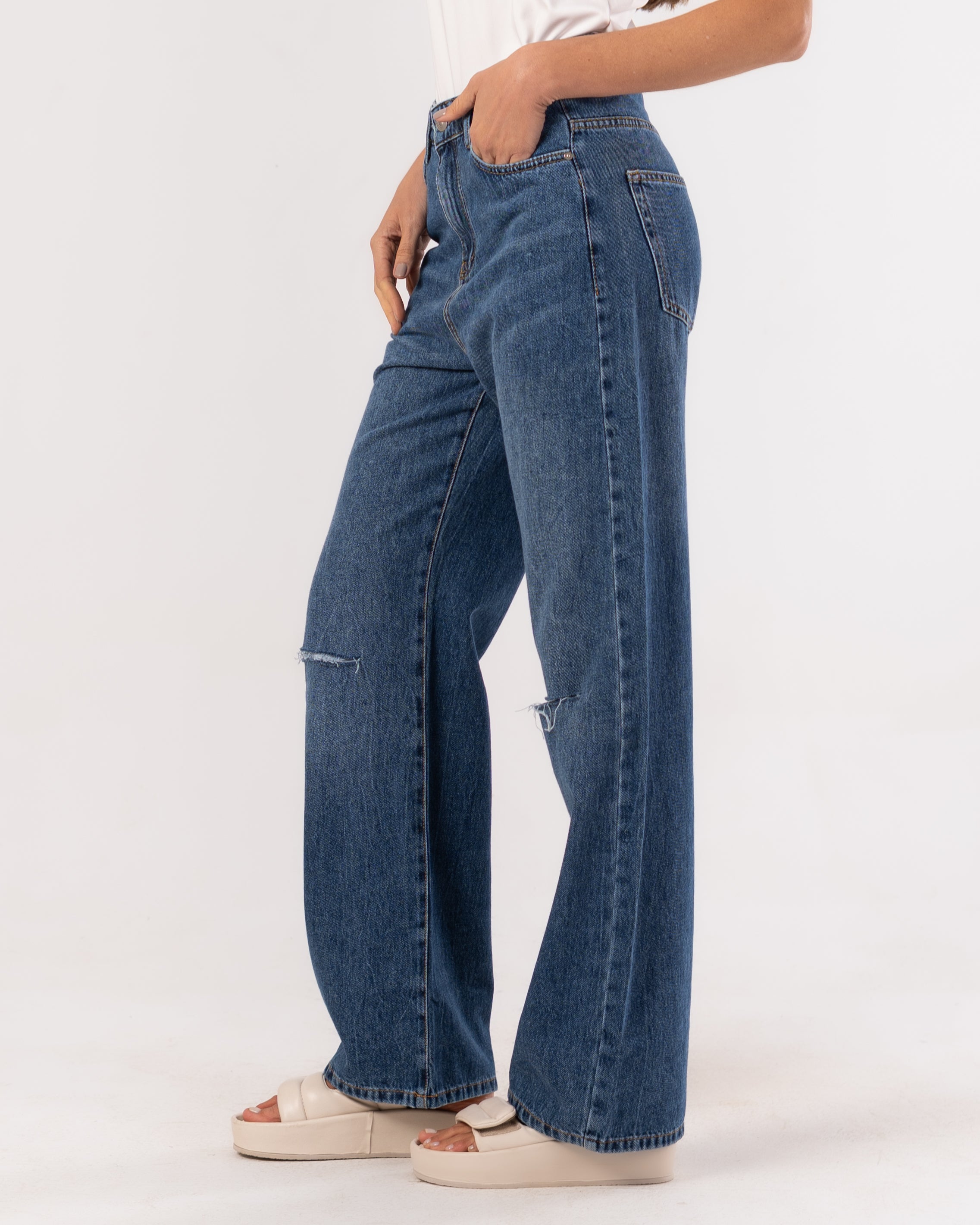 Wide-Leg Denim Trouser - With Knee Cut