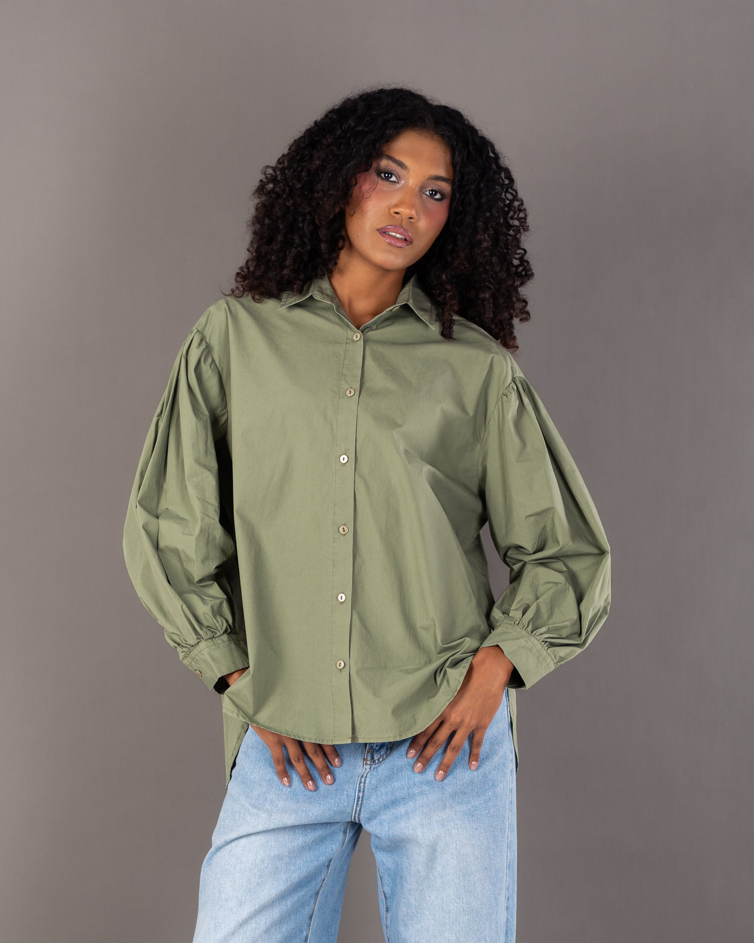 Plain Shirt With Crinkled - Sleeves And Cuffs