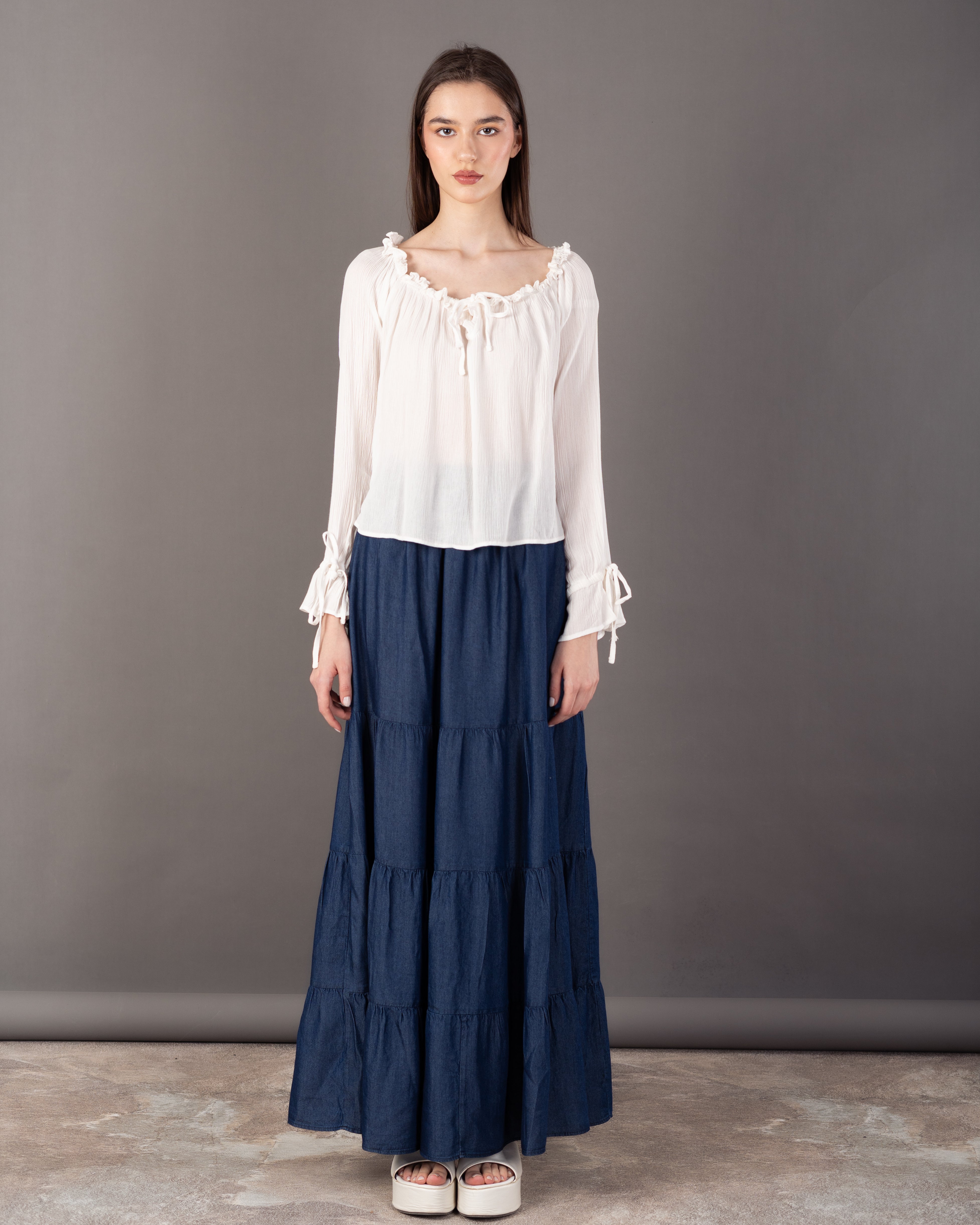 Plain Open Neck - Blouse With Tie