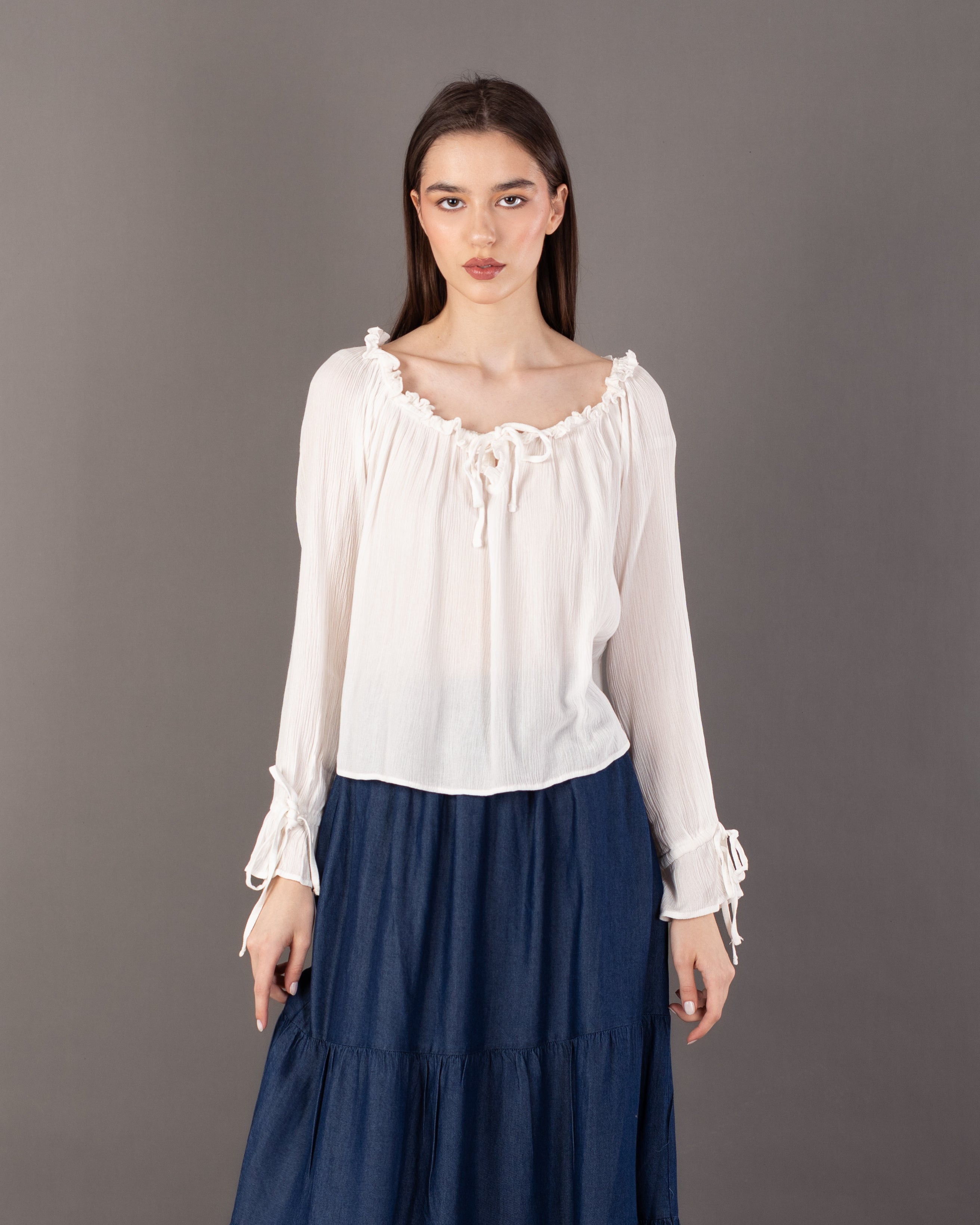 Plain Open Neck - Blouse With Tie