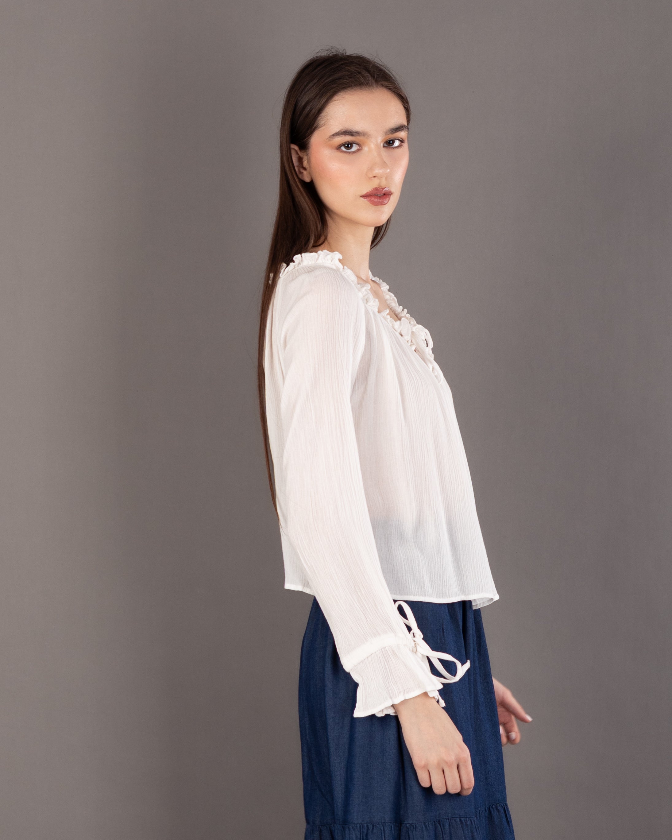 Plain Open Neck - Blouse With Tie