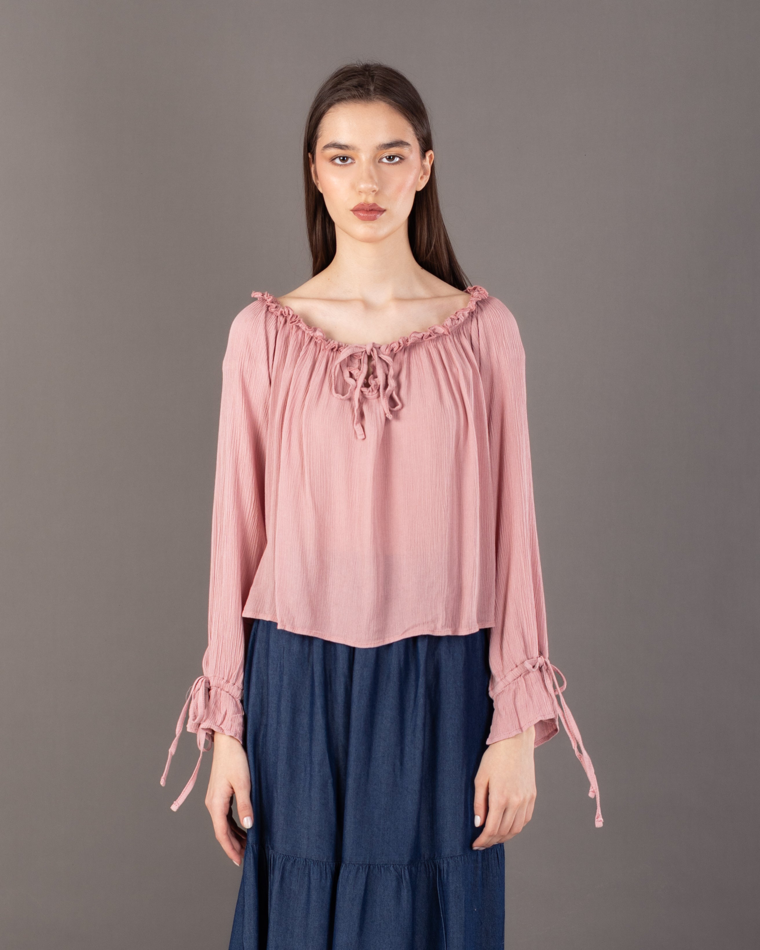 Plain Open Neck - Blouse With Tie