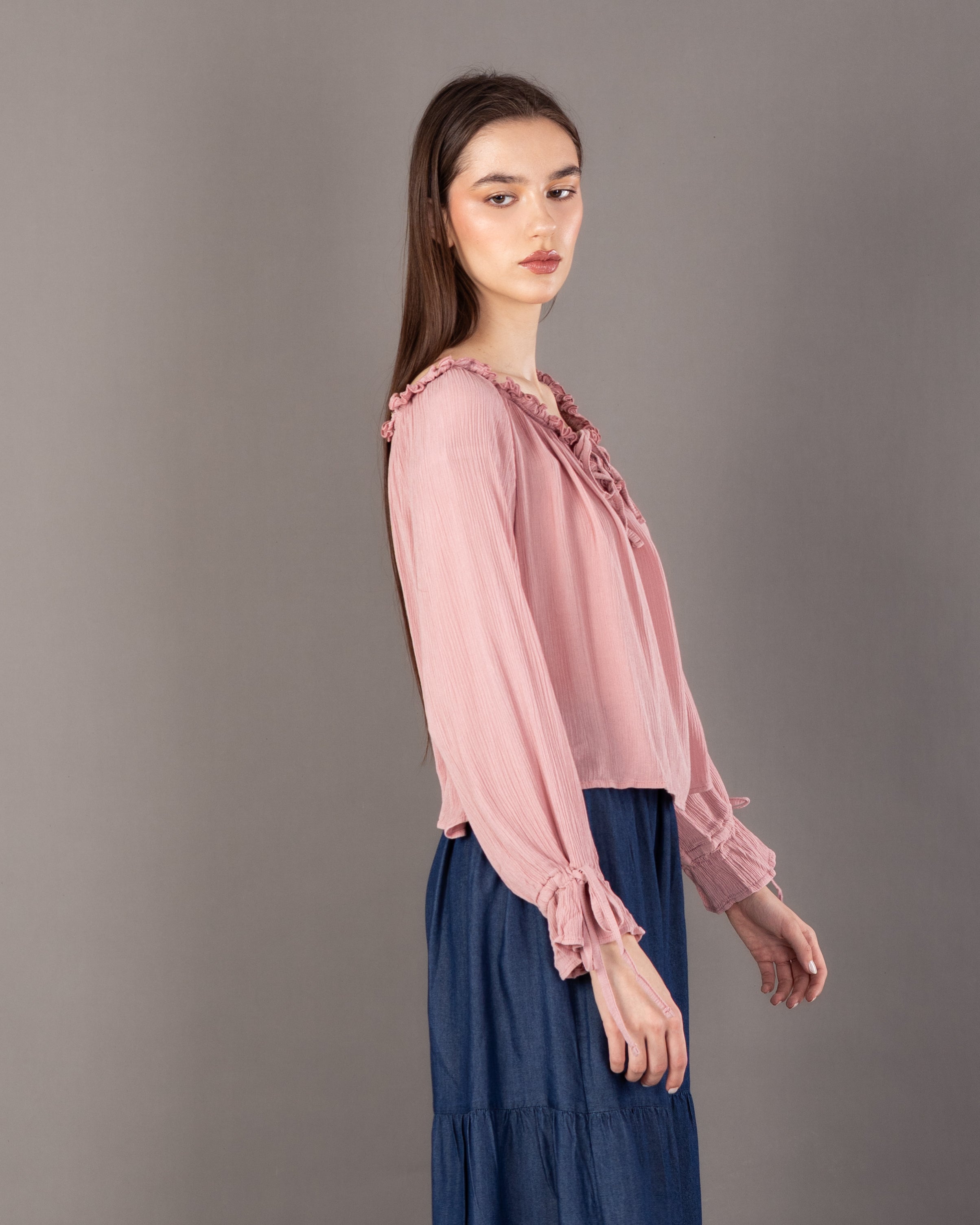 Plain Open Neck - Blouse With Tie