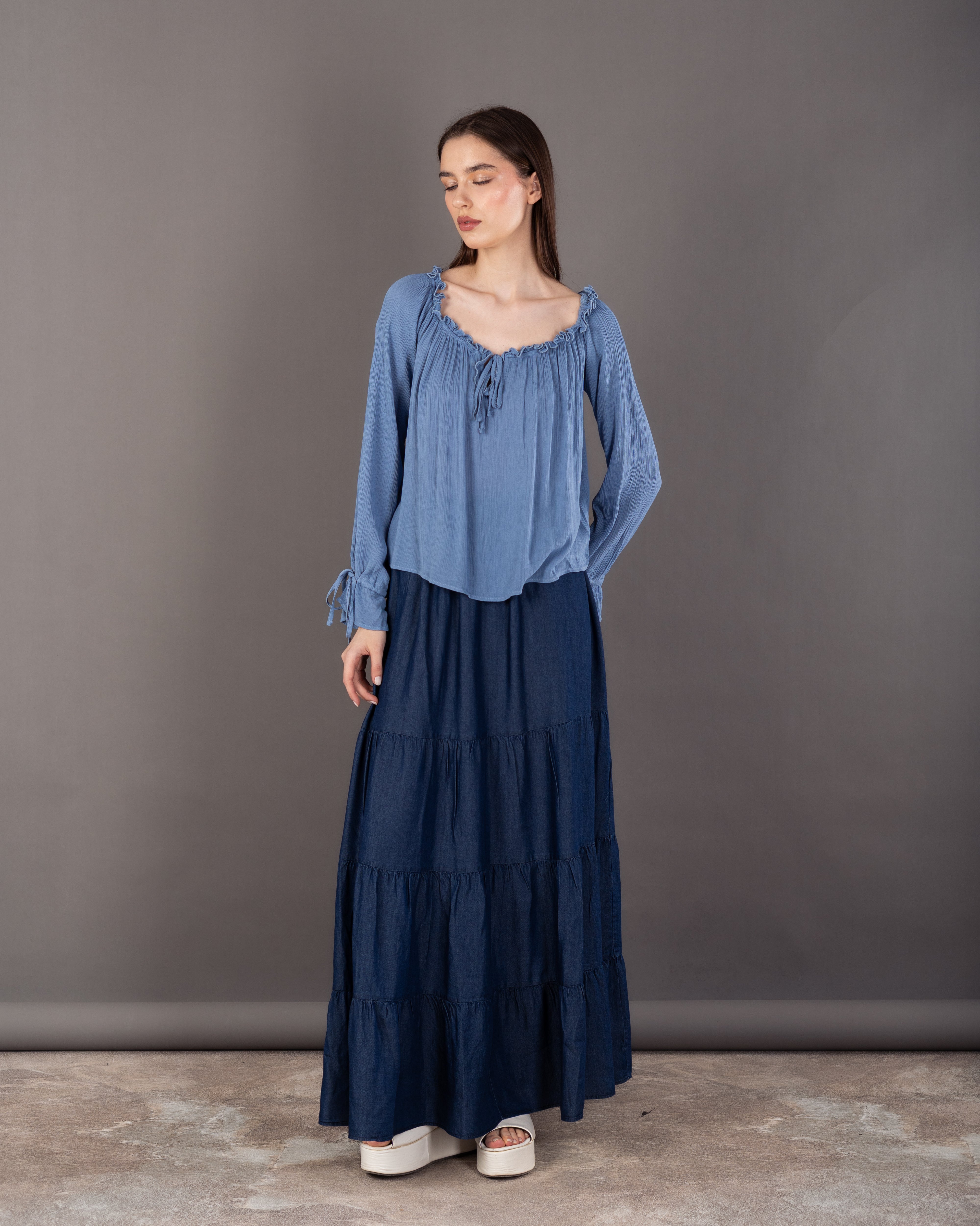 Plain Open Neck - Blouse With Tie