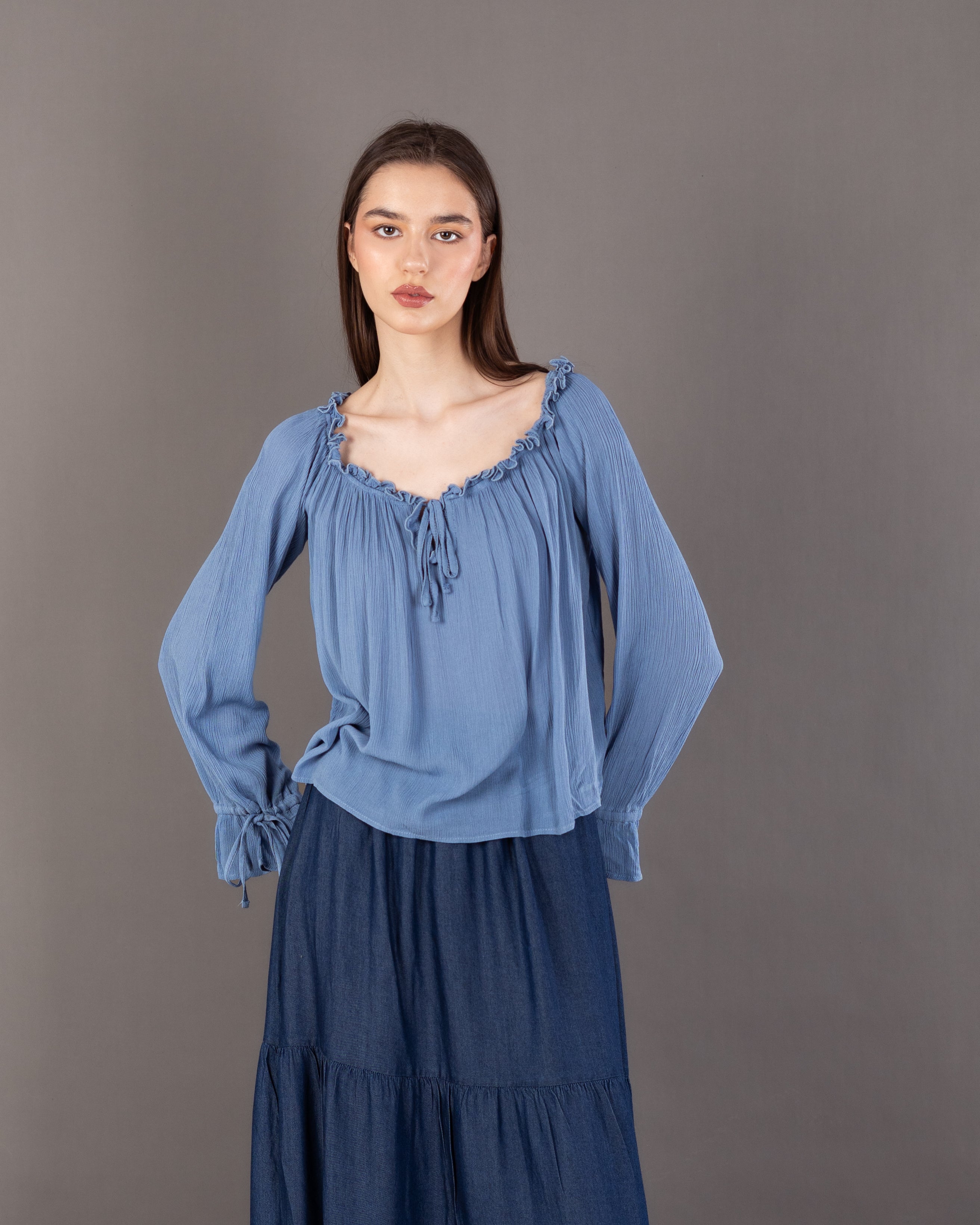 Plain Open Neck - Blouse With Tie