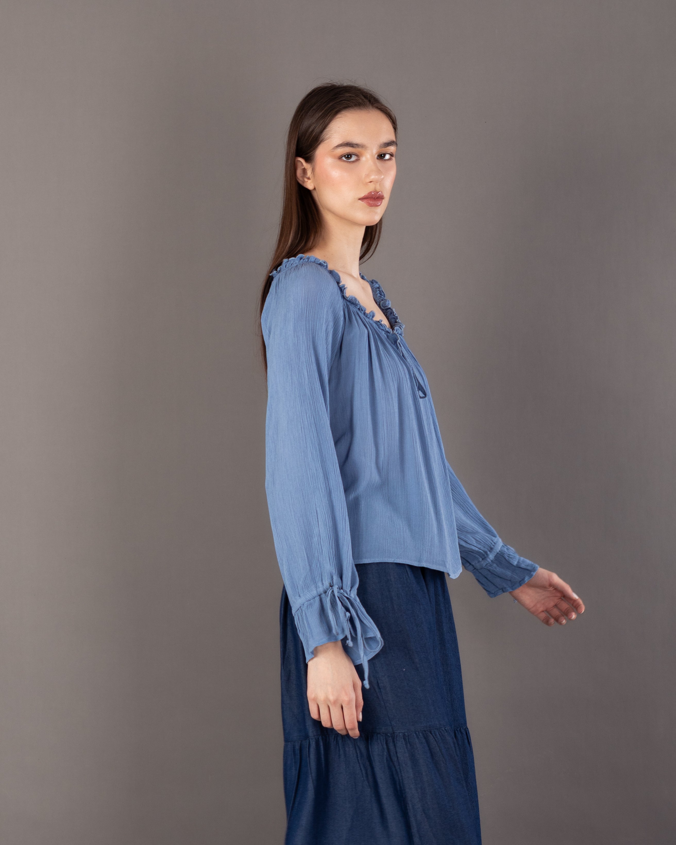 Plain Open Neck - Blouse With Tie