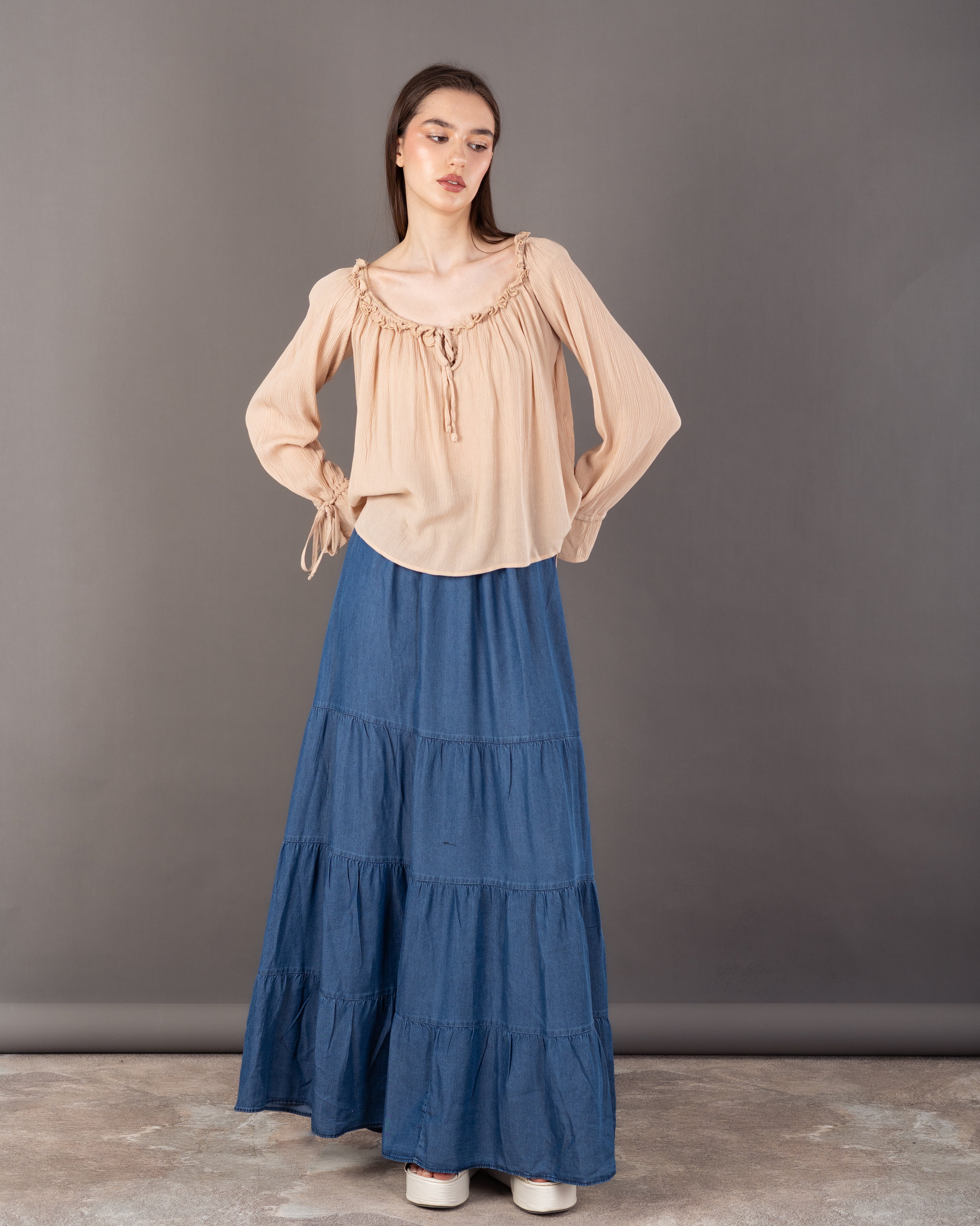 Plain Open Neck - Blouse With Tie