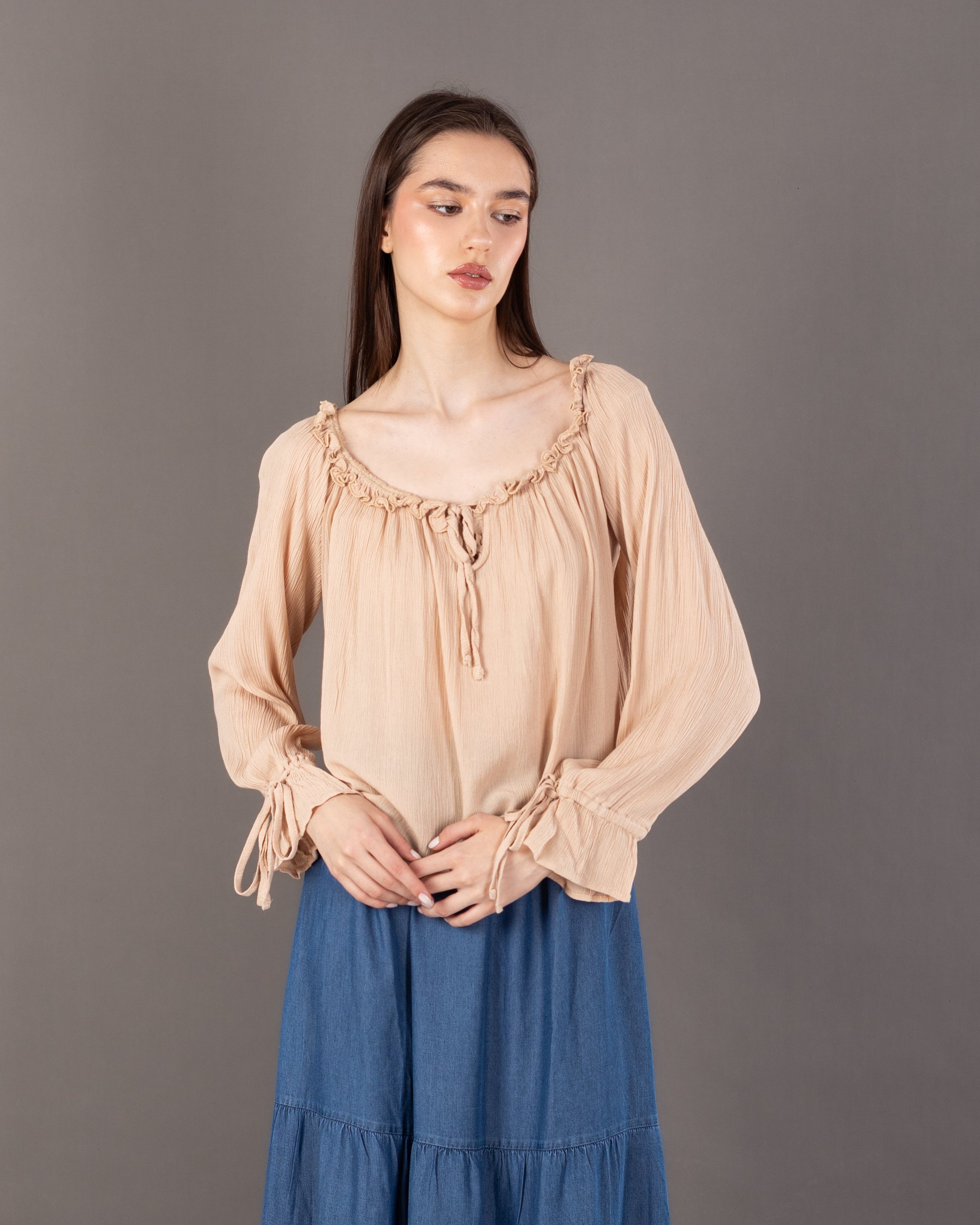 Plain Open Neck - Blouse With Tie
