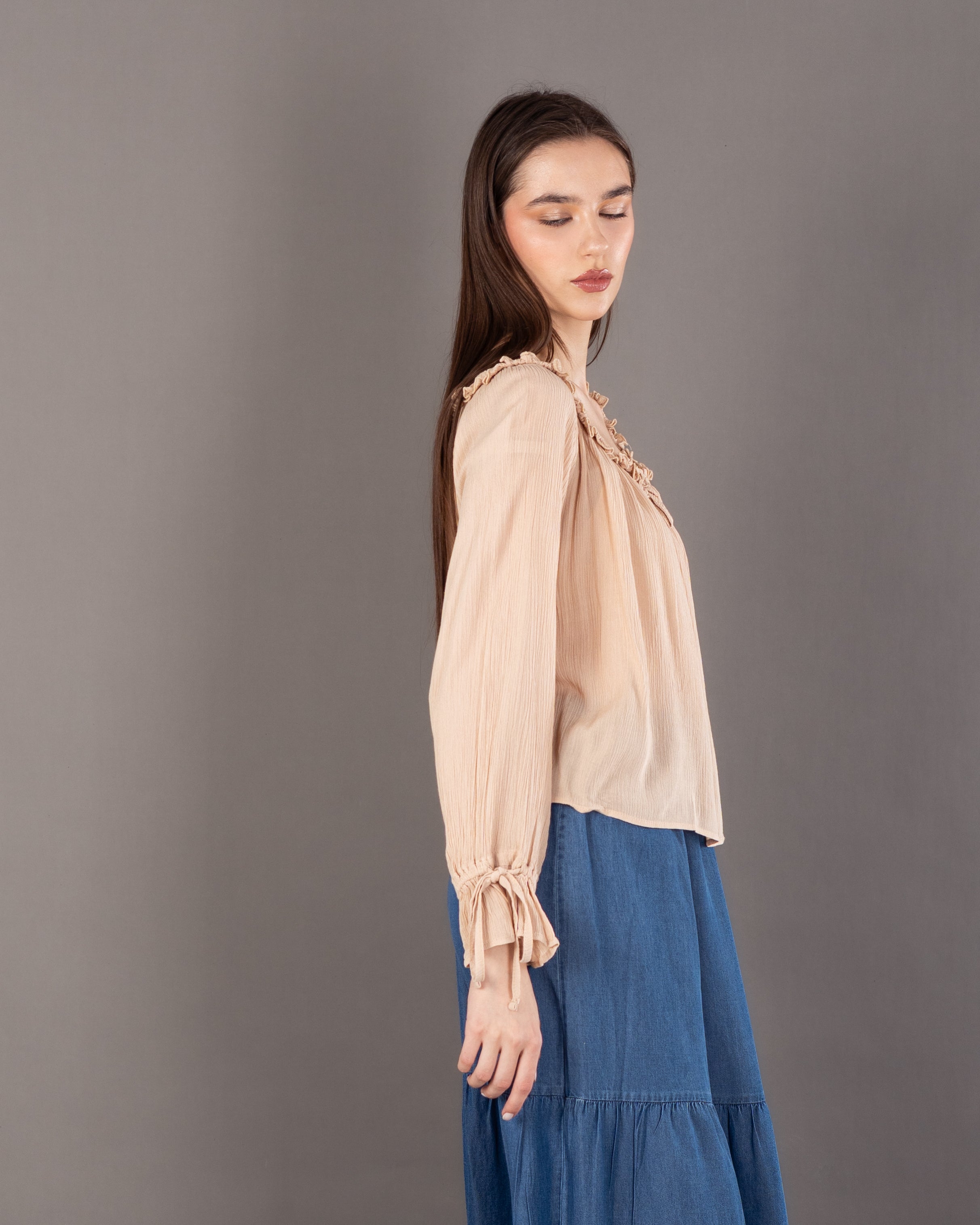 Plain Open Neck - Blouse With Tie