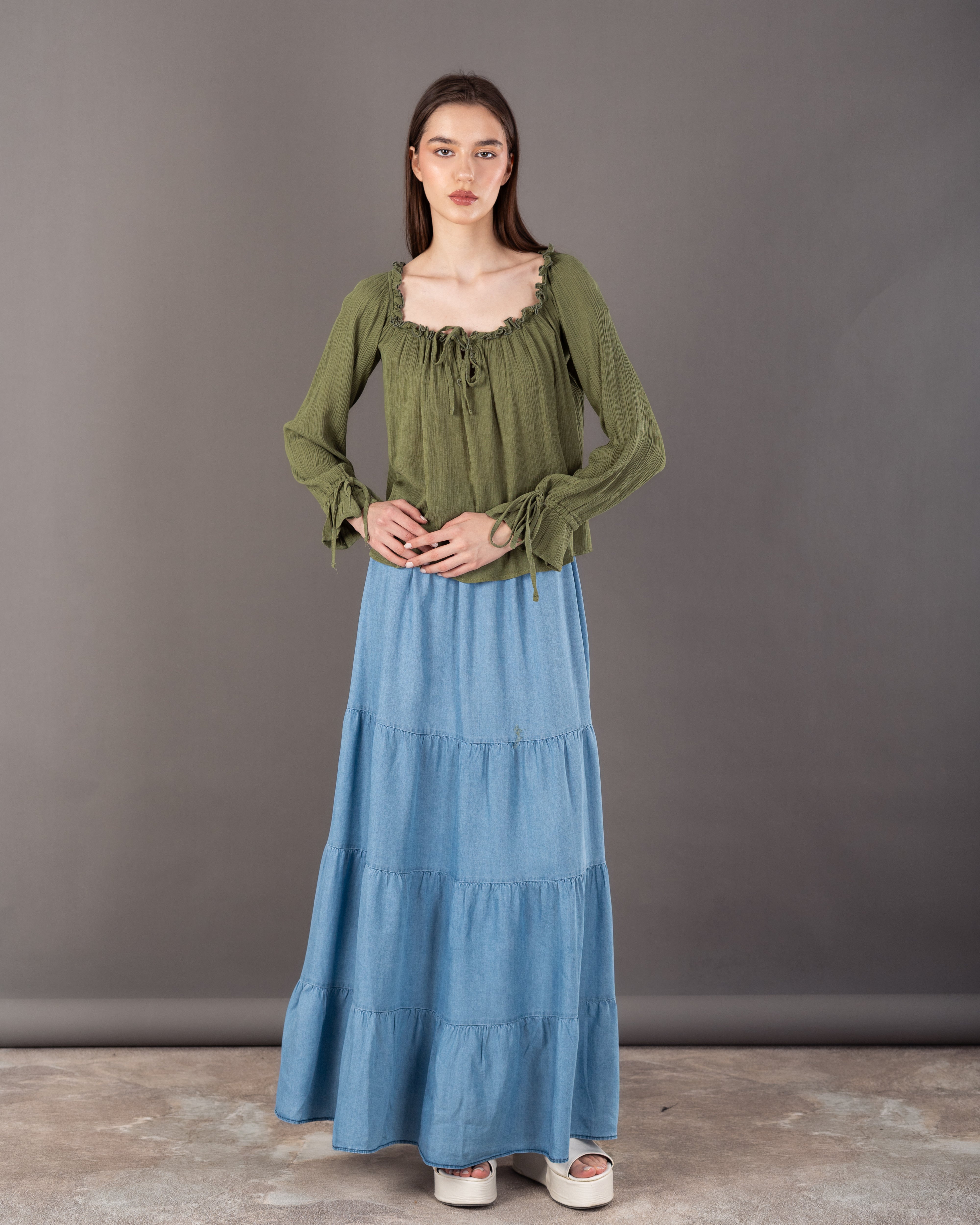 Plain Open Neck - Blouse With Tie