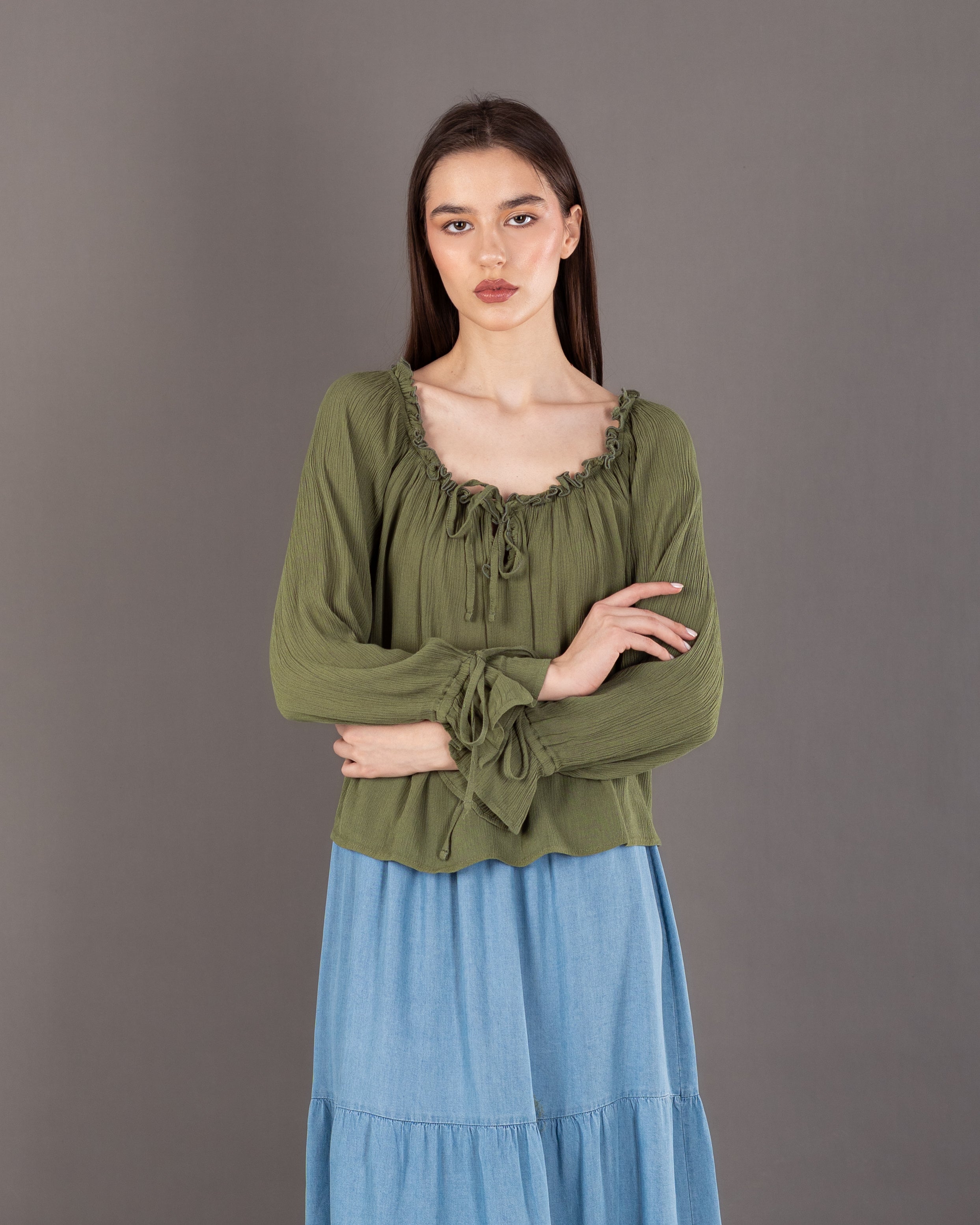 Plain Open Neck - Blouse With Tie