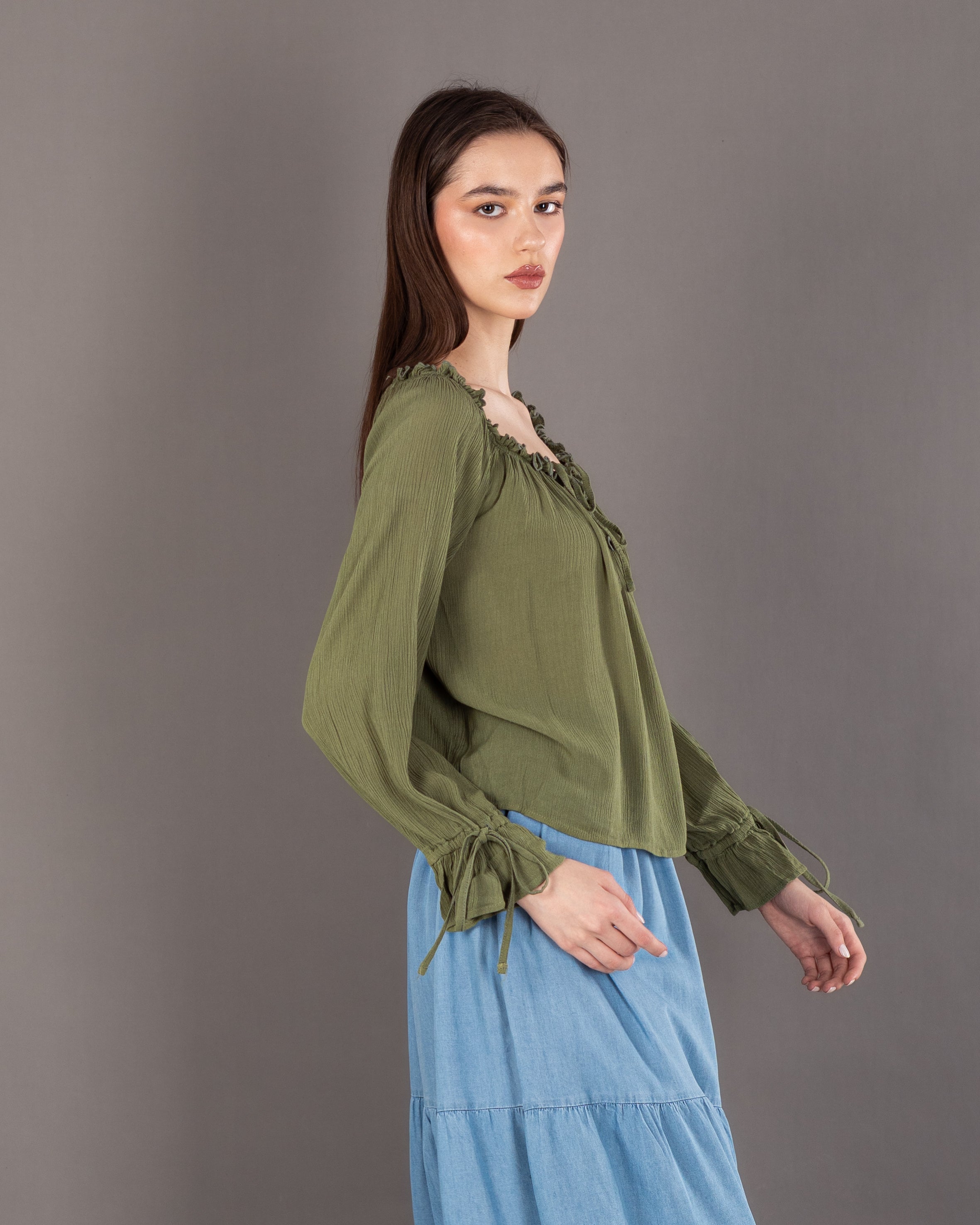 Plain Open Neck - Blouse With Tie