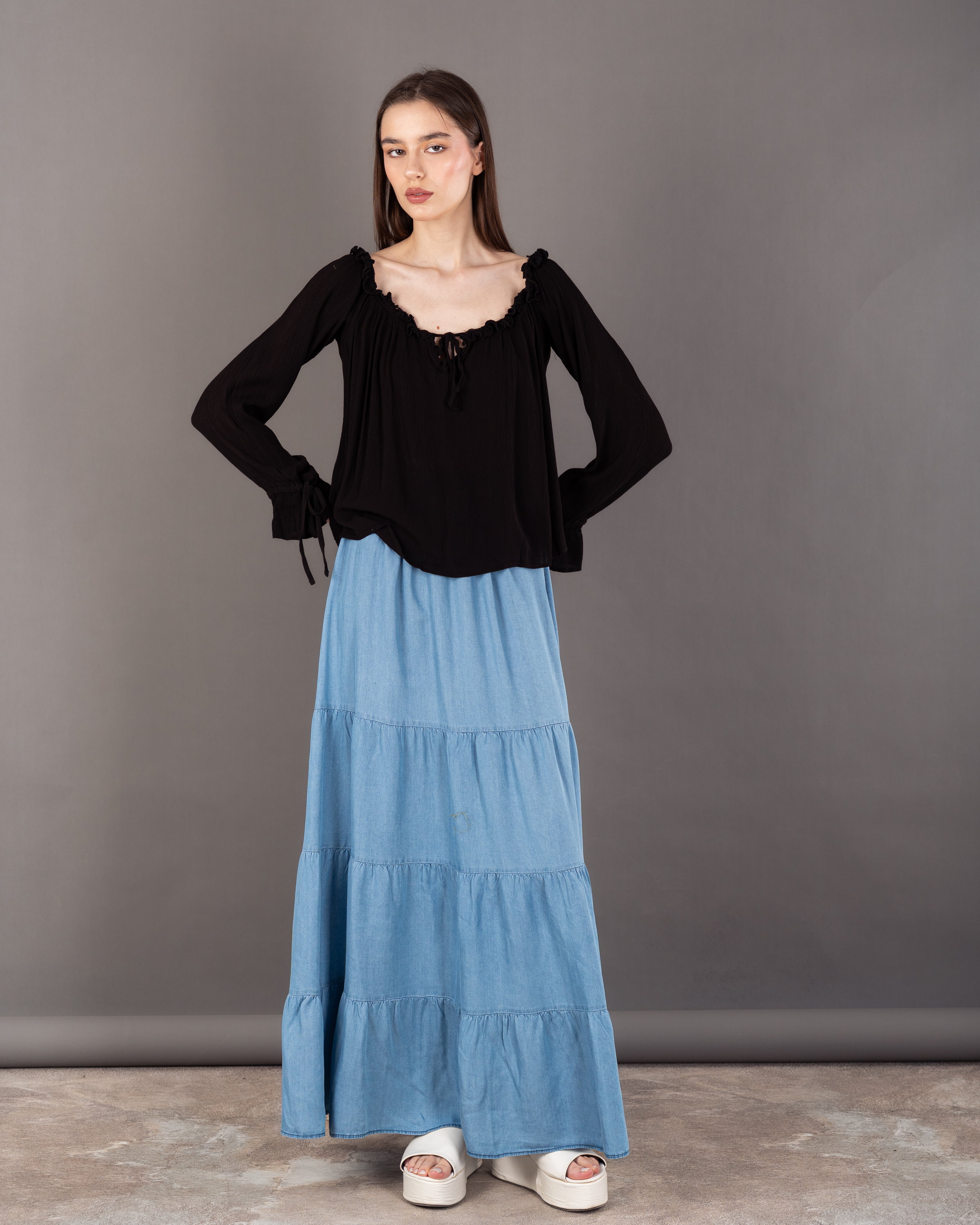 Plain Open Neck - Blouse With Tie