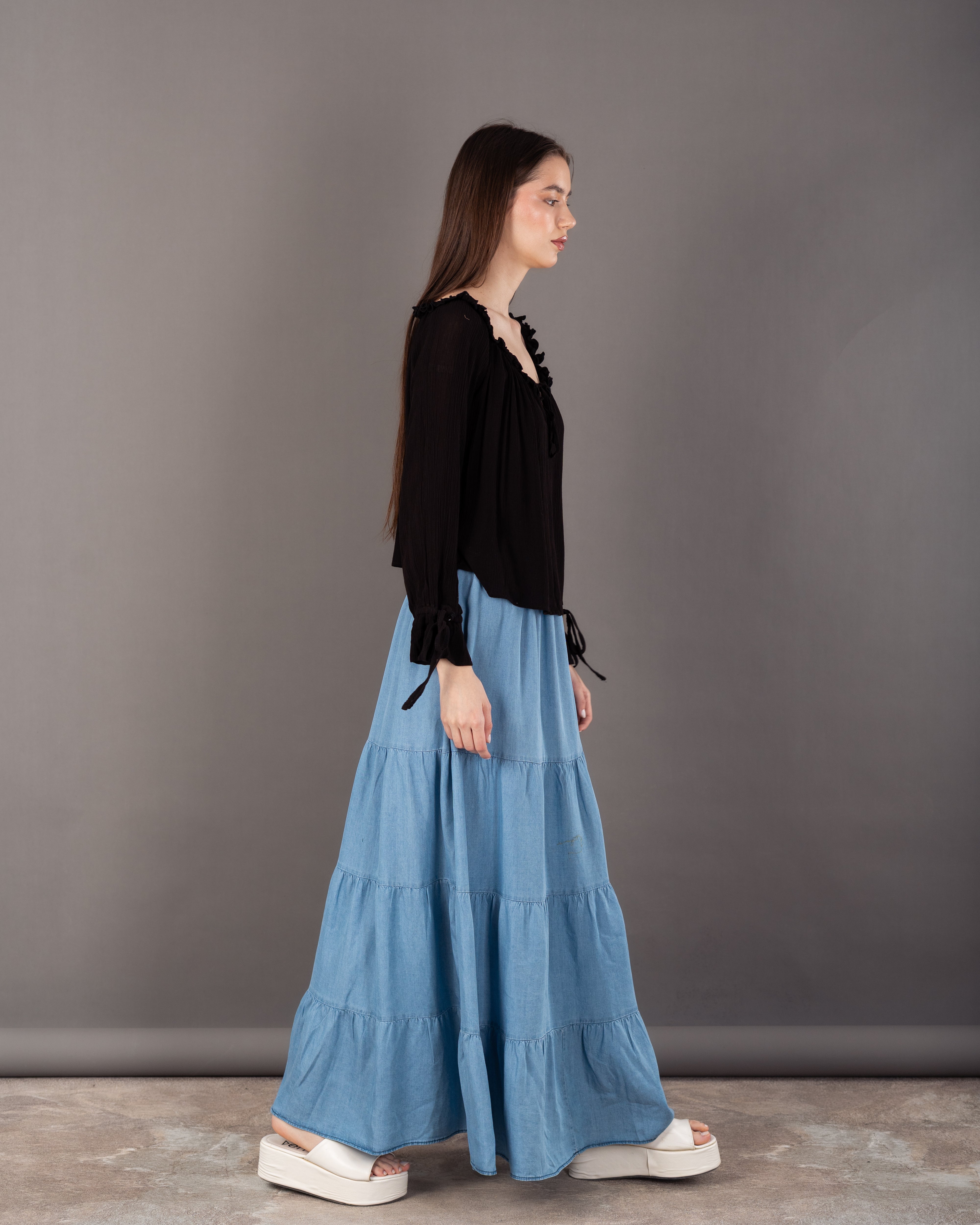 Plain Open Neck - Blouse With Tie