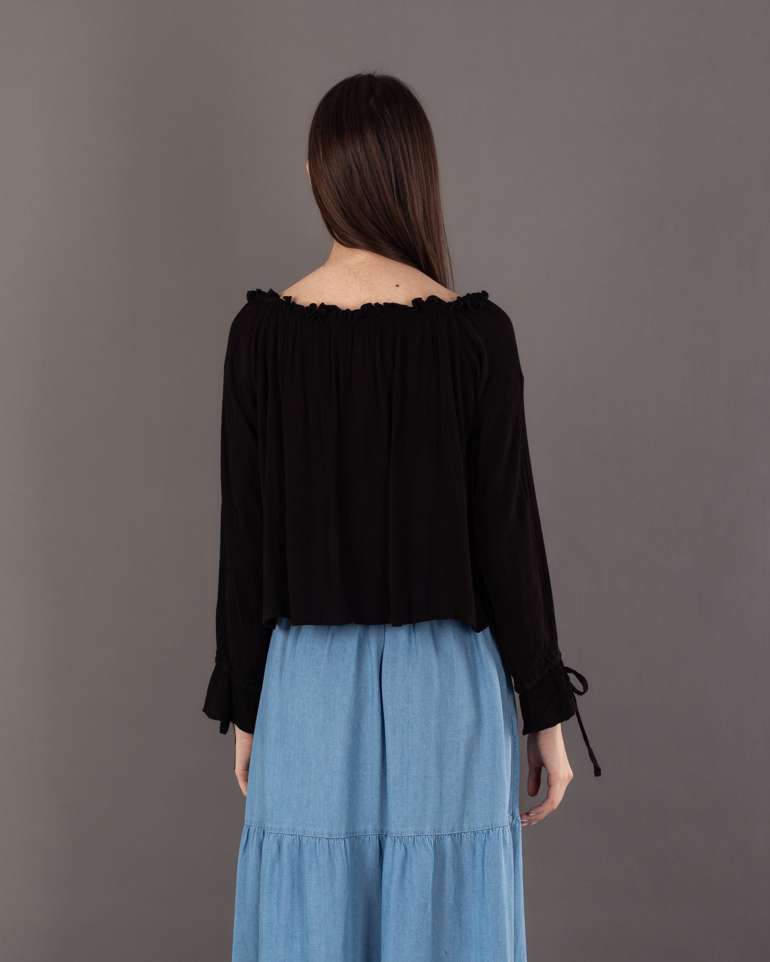 Plain Open Neck - Blouse With Tie