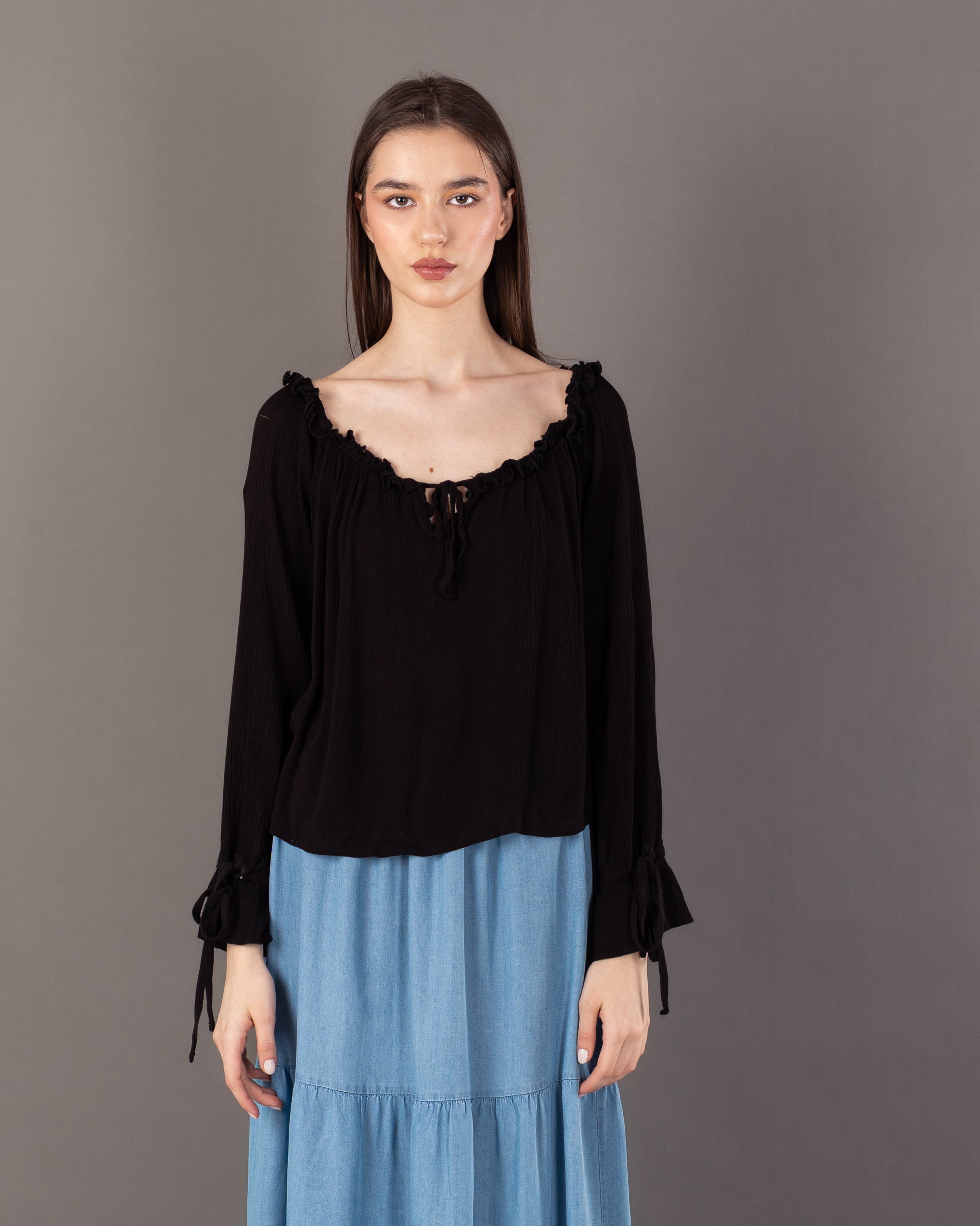 Plain Open Neck - Blouse With Tie