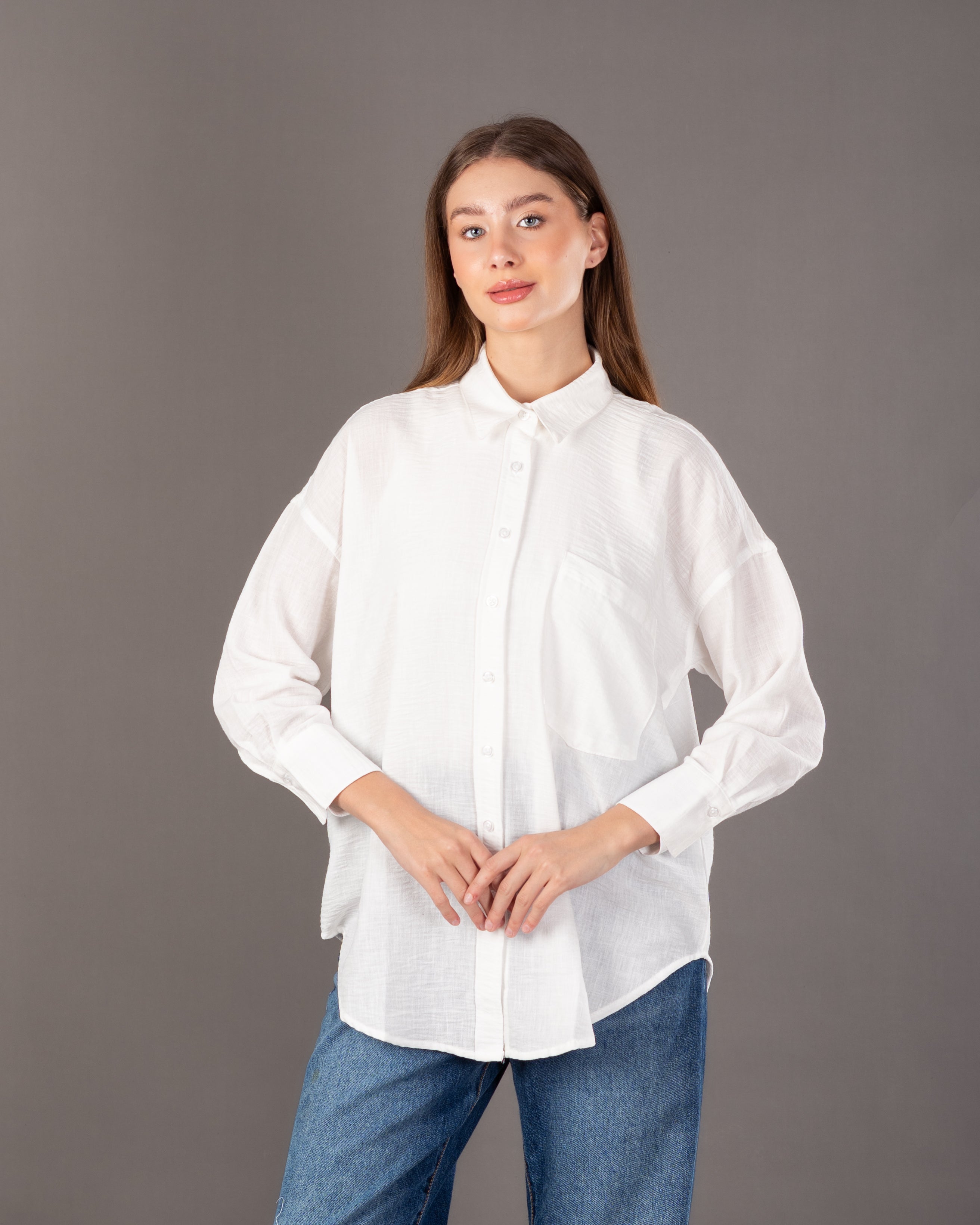 قميص كتان سادة - بجيب صدر كبير