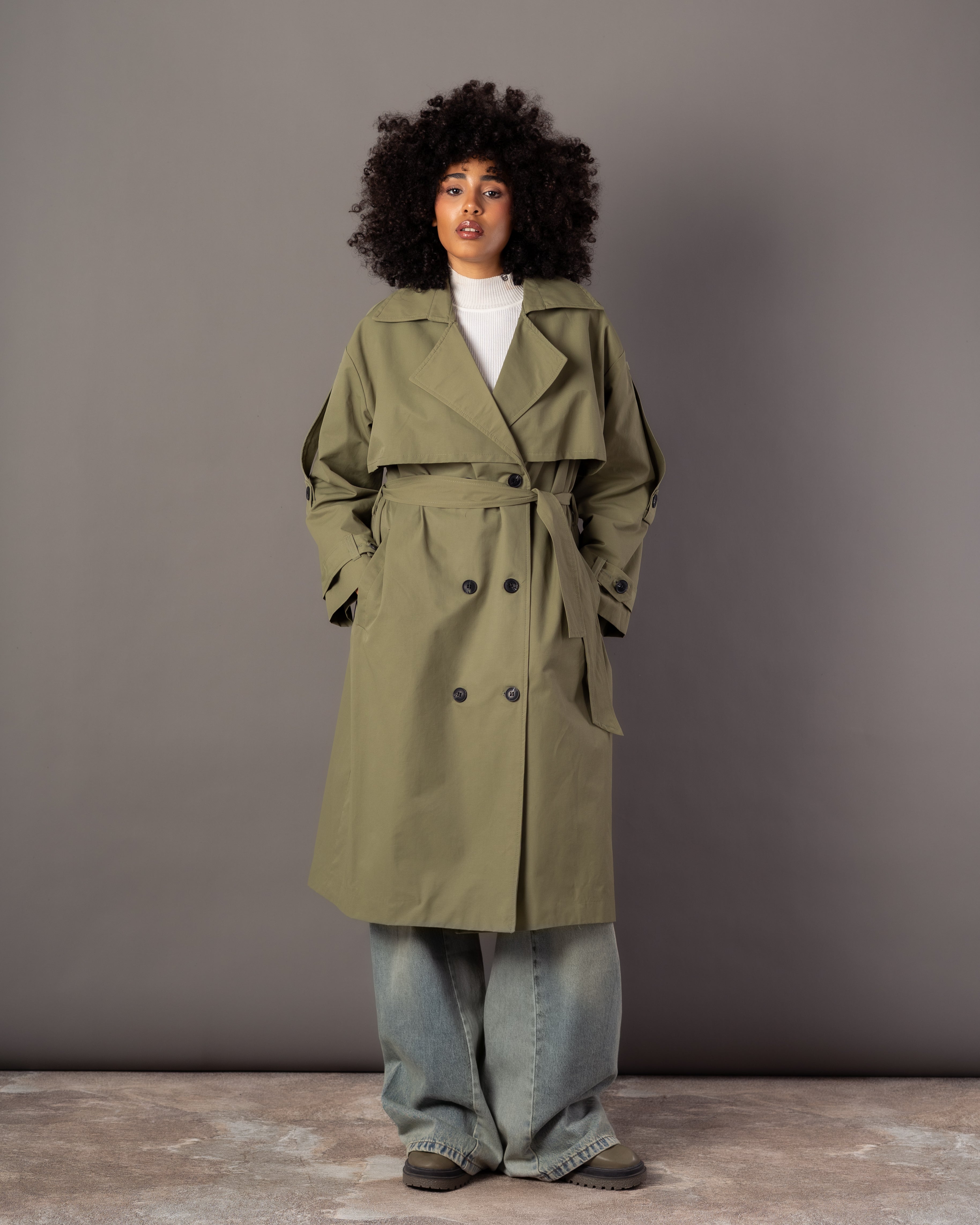 Gabardine Trench Coat – Long Plain (With Belt, Buttons, Colors)