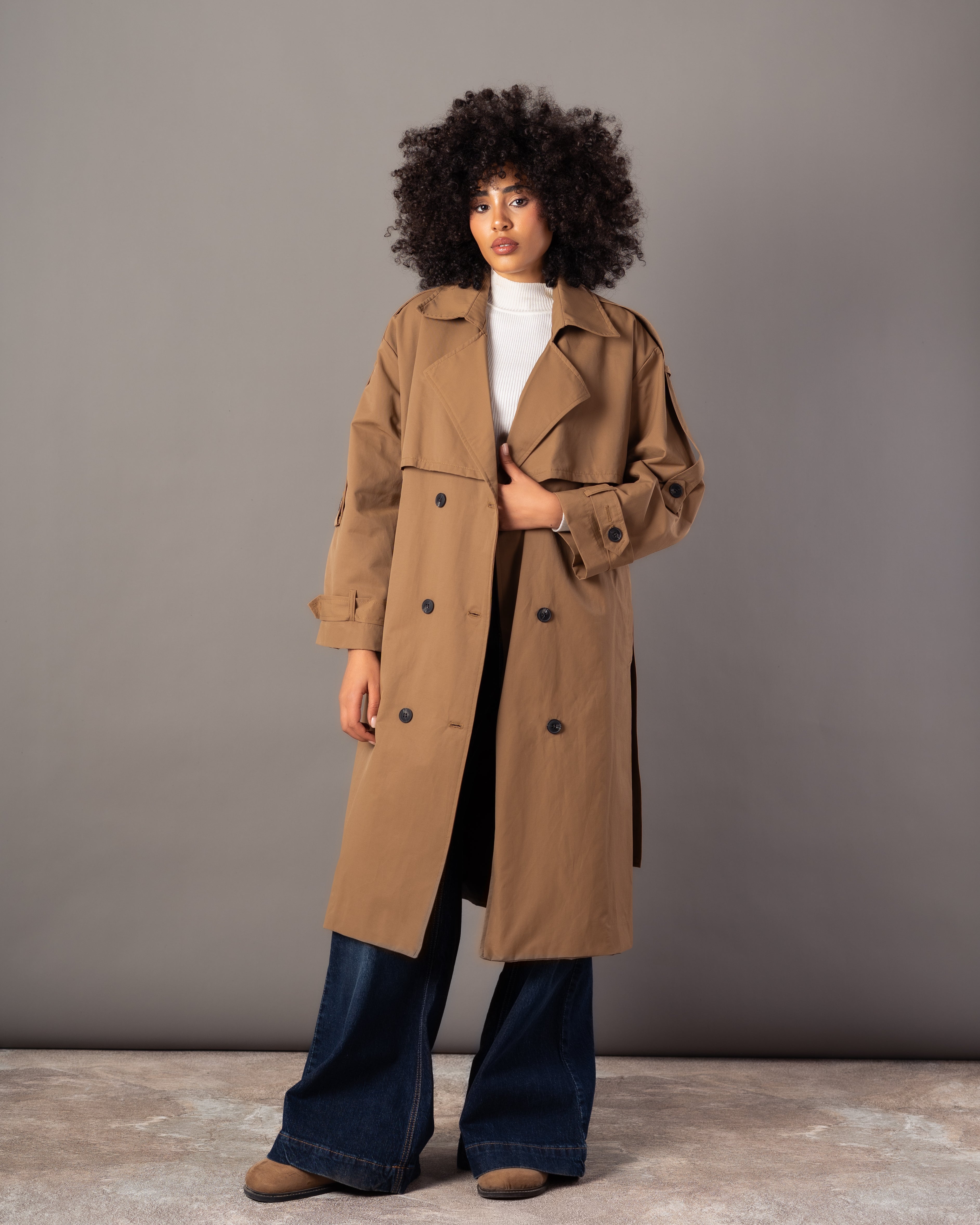 Gabardine Trench Coat – Long Plain (With Belt, Buttons, Colors)