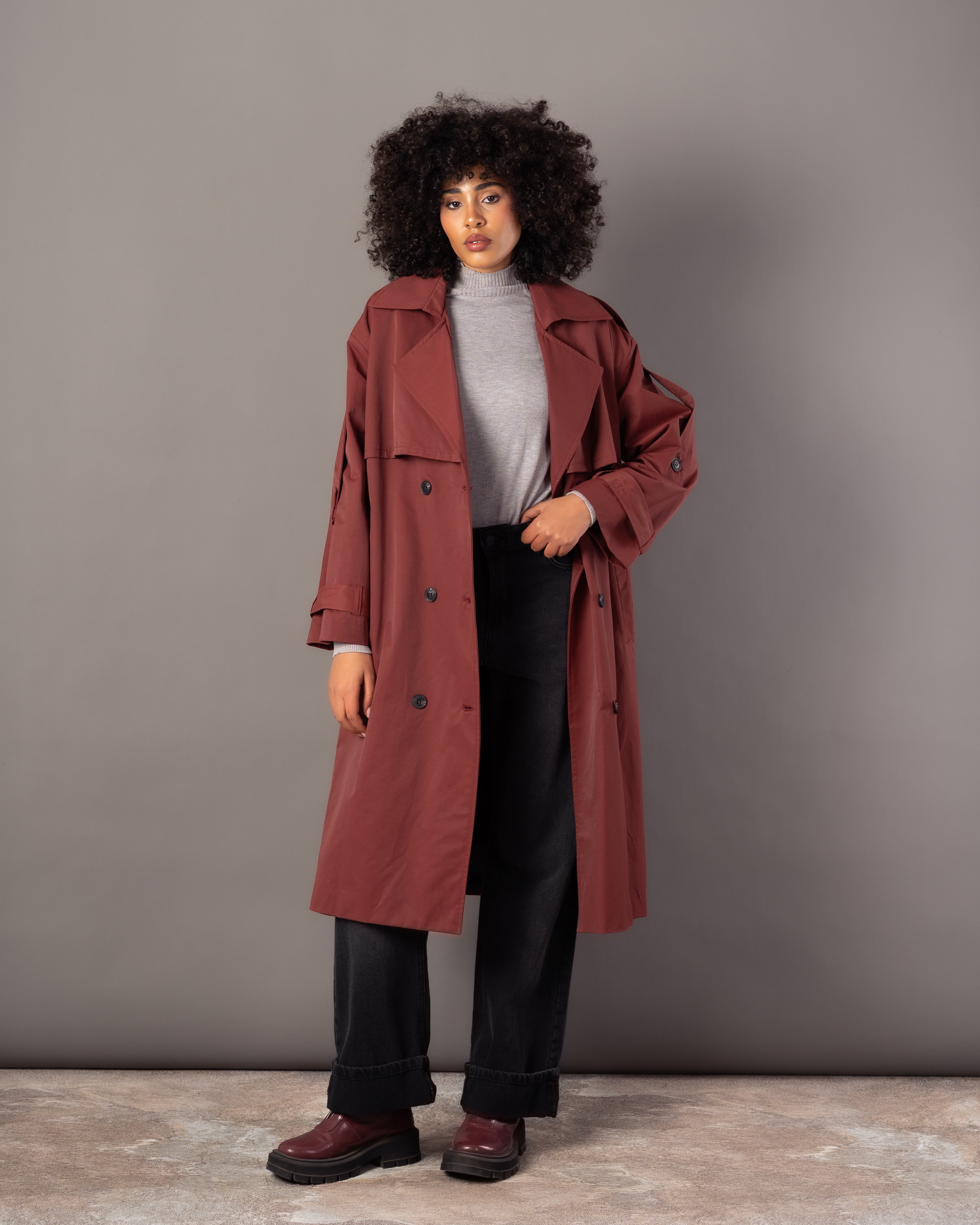Gabardine Trench Coat – Long Plain (With Belt, Buttons, Colors)
