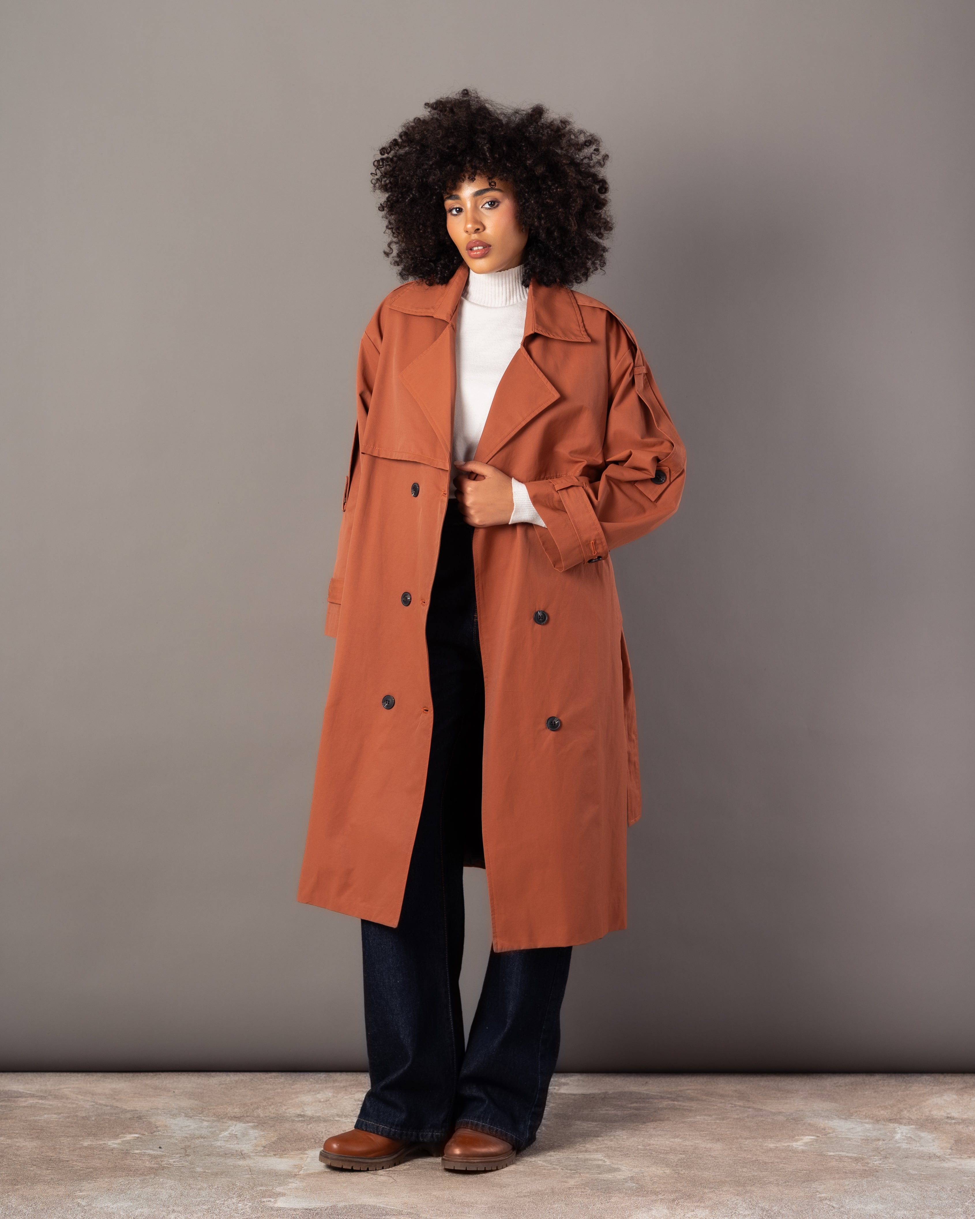 Gabardine Trench Coat – Long Plain (With Belt, Buttons, Colors)