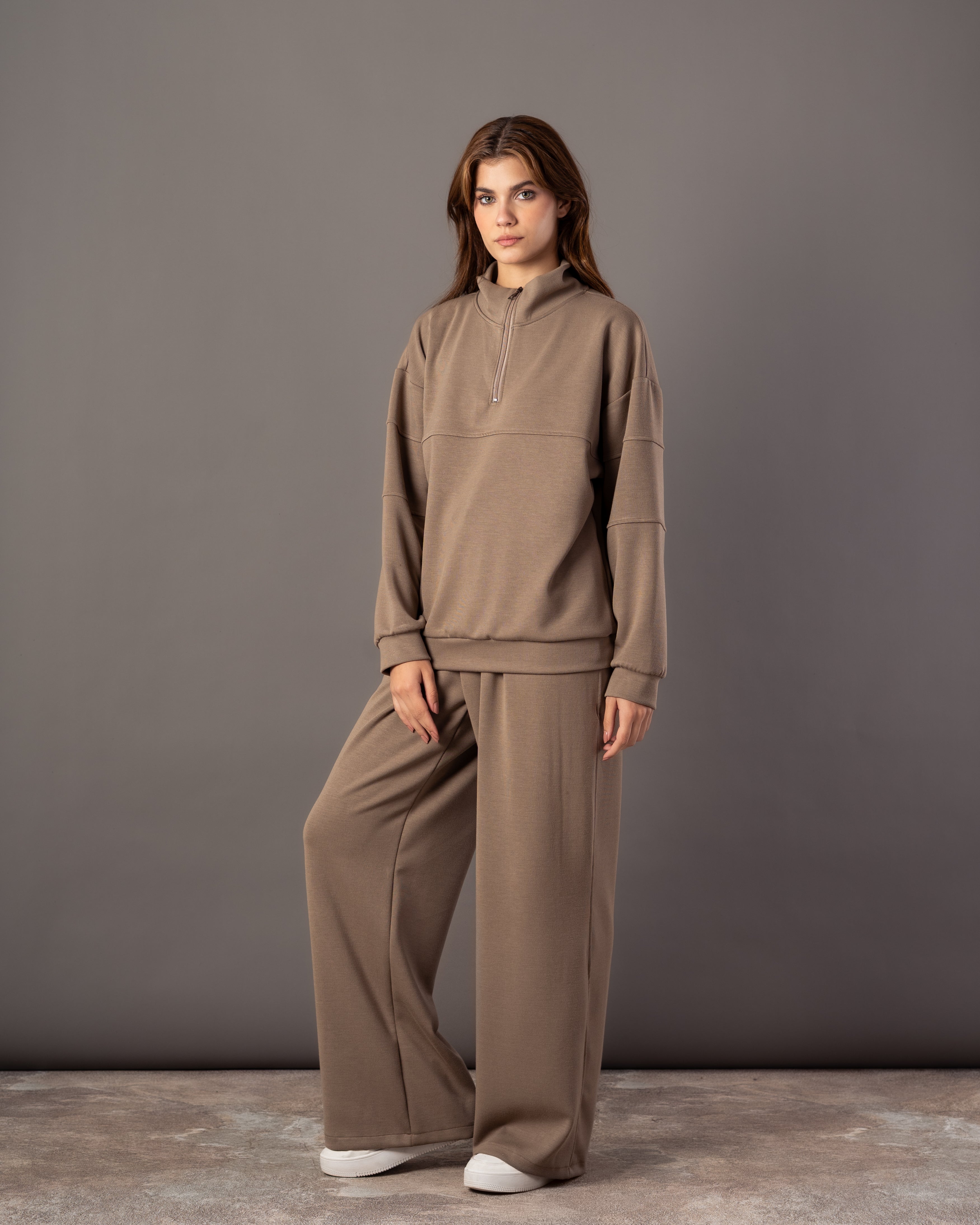 Plain Sweatshirt – Zip Neck (Chest & Sleeve Stripe)