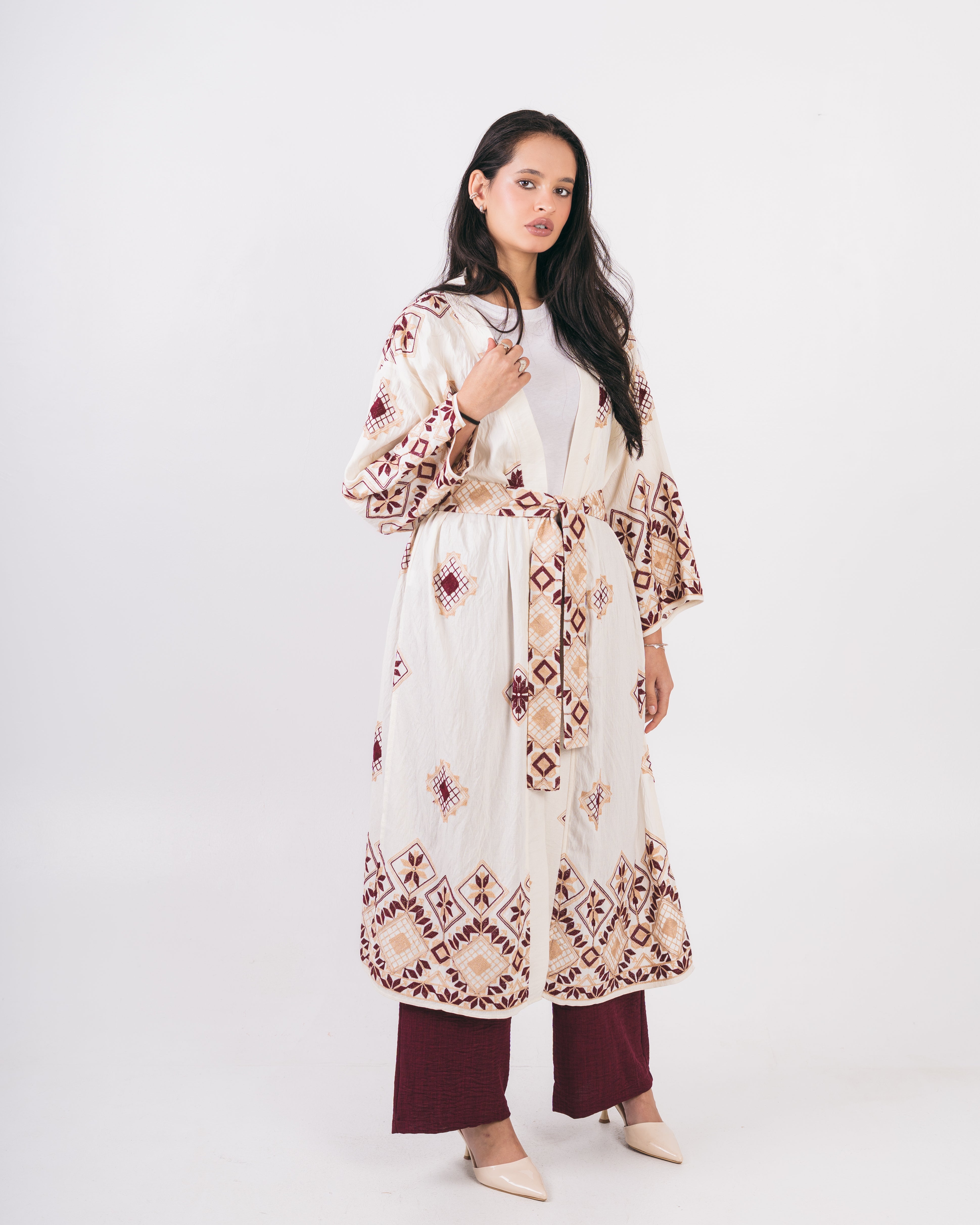 Long Kimono With Belt - And Floral Embroidery