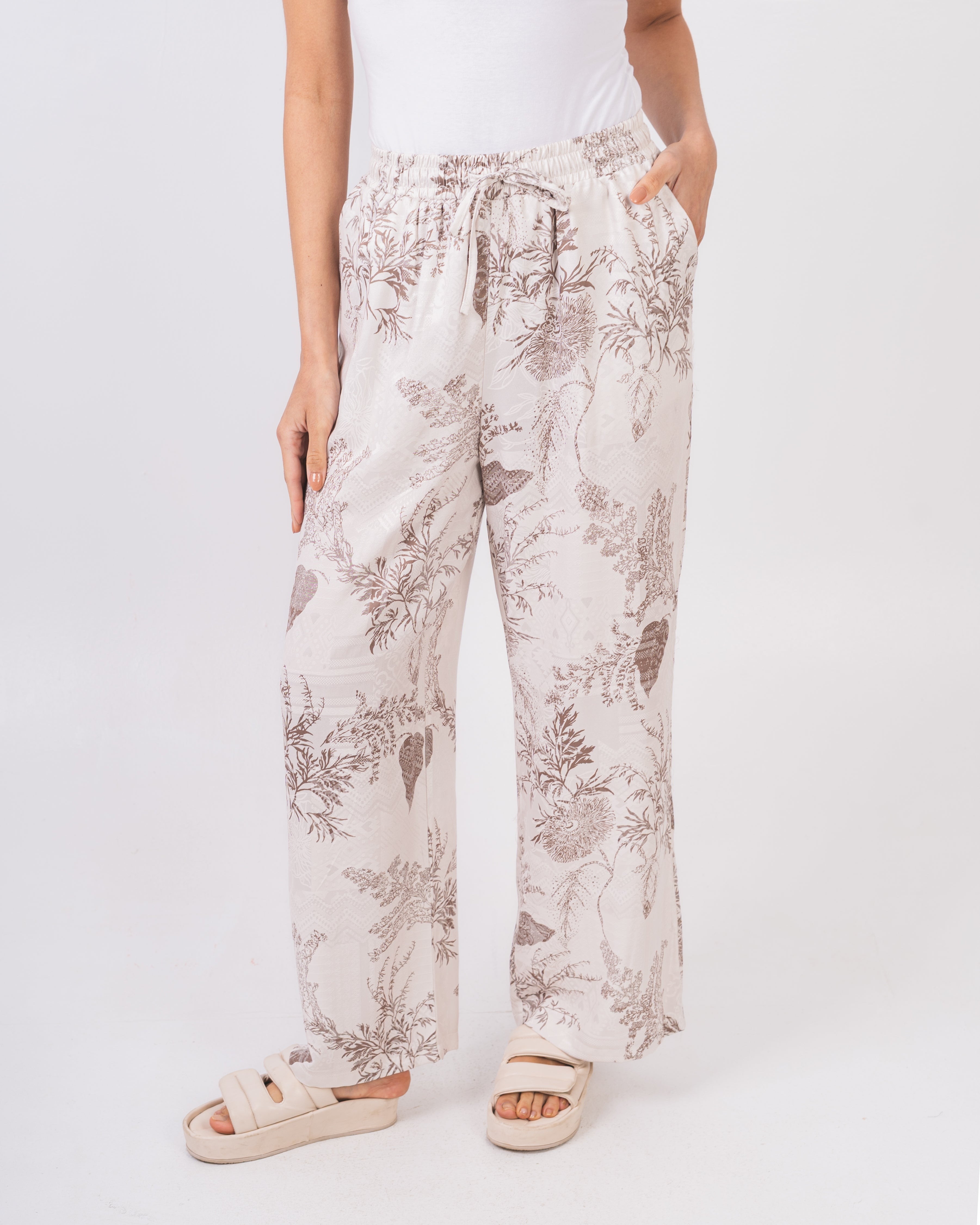 Wide Floral Trouser With Drawstring