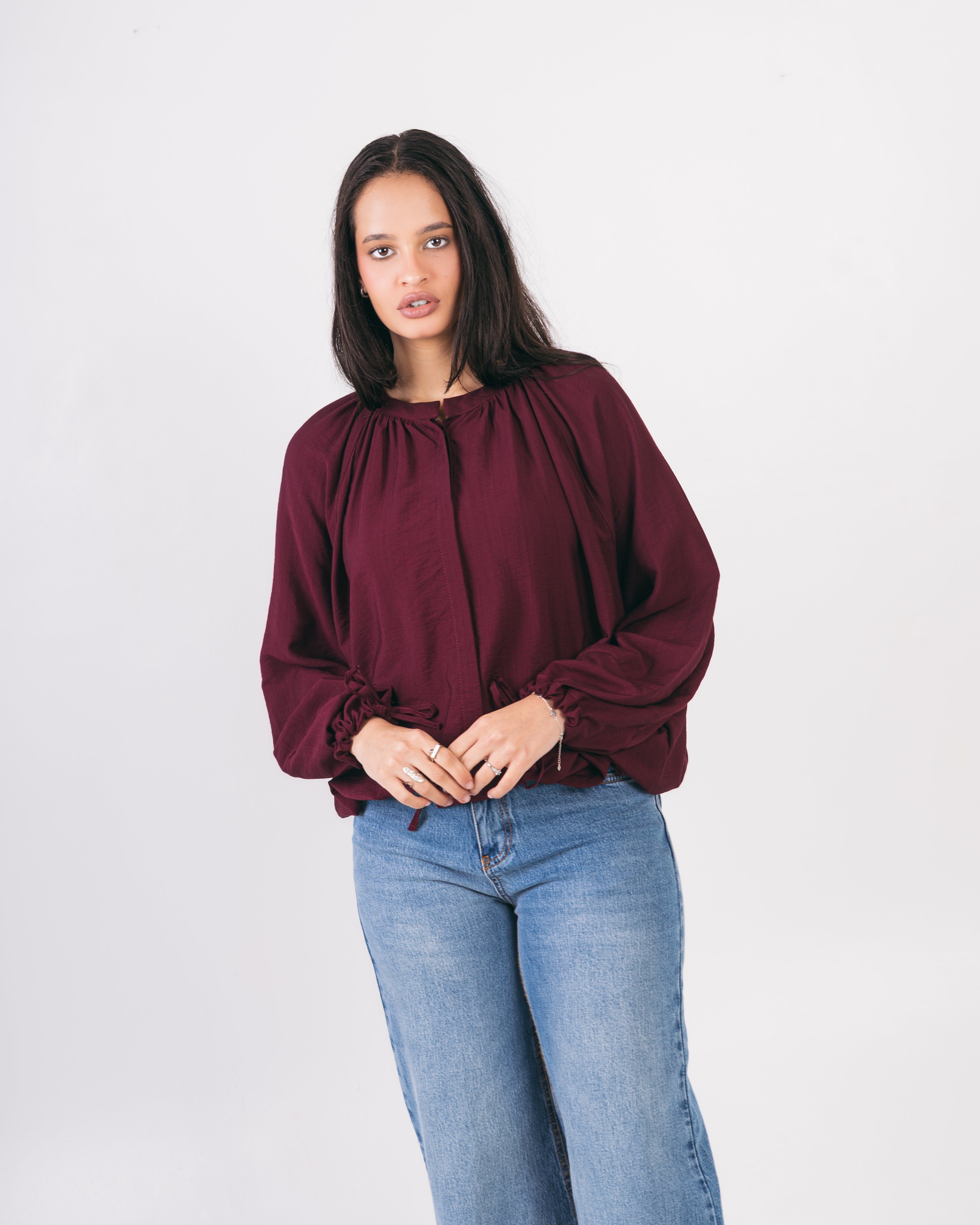 Oversized Plain - Blouse With Tie