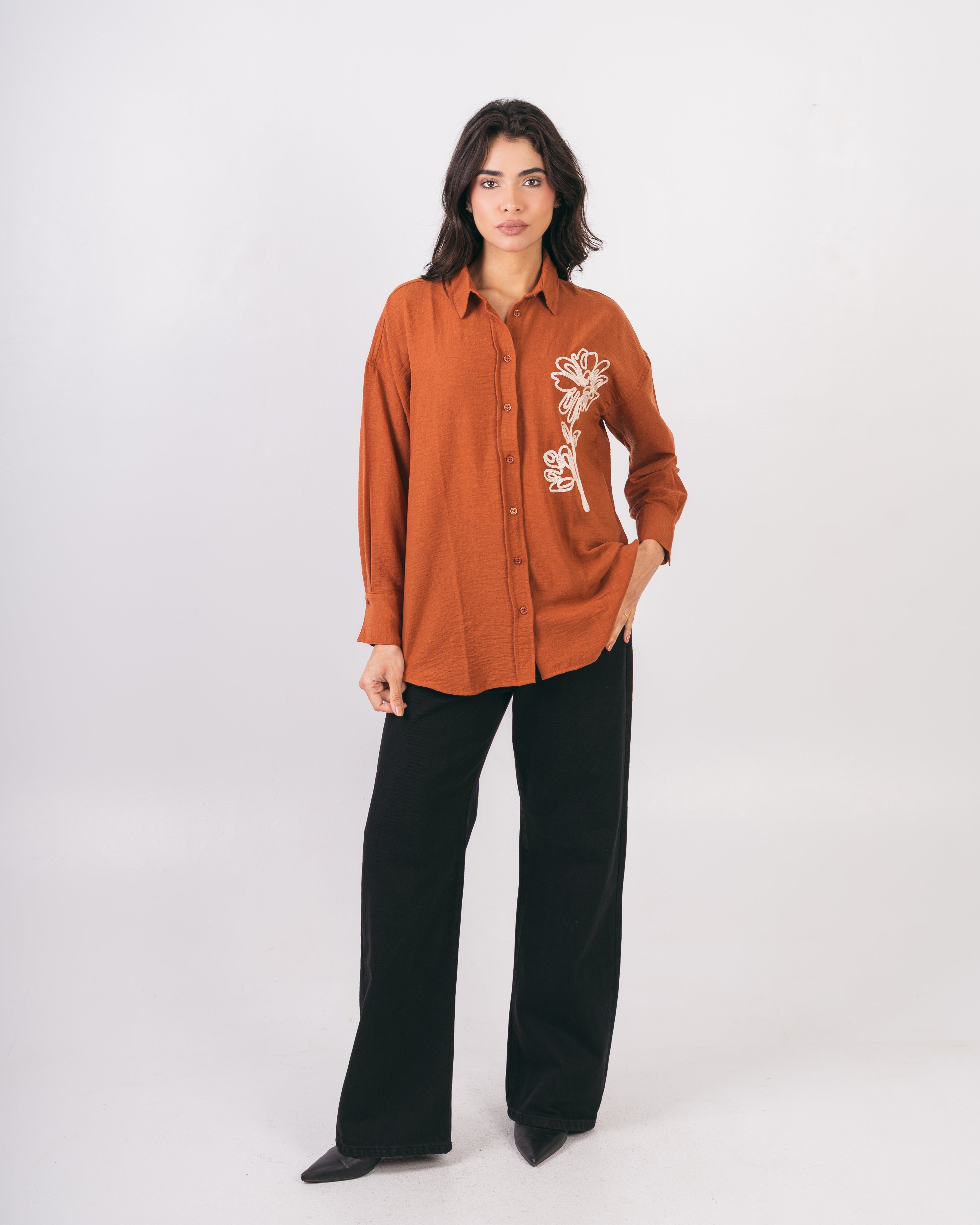 Shirt With Floral - Embroidery On Chest