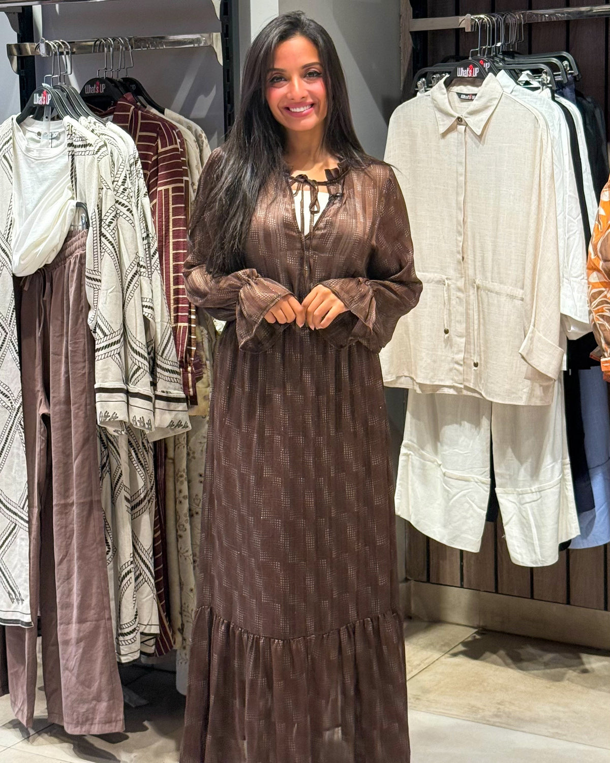 Checked Dress With Elastic Sleeves