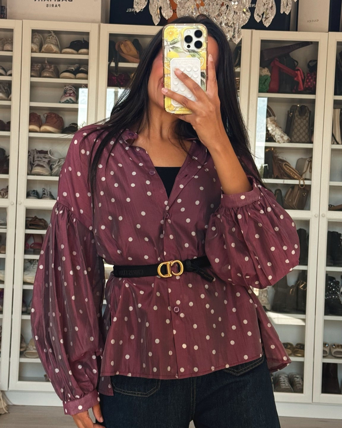 Polka Dot Silky Shirt with Puff Sleeves