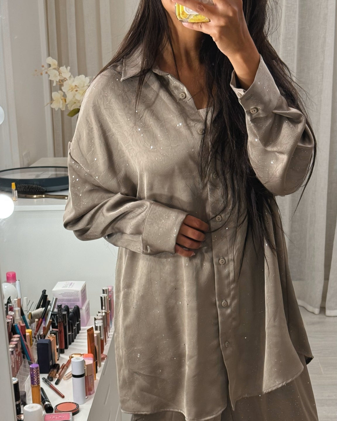 Plain Satin Rhinestone Shirt