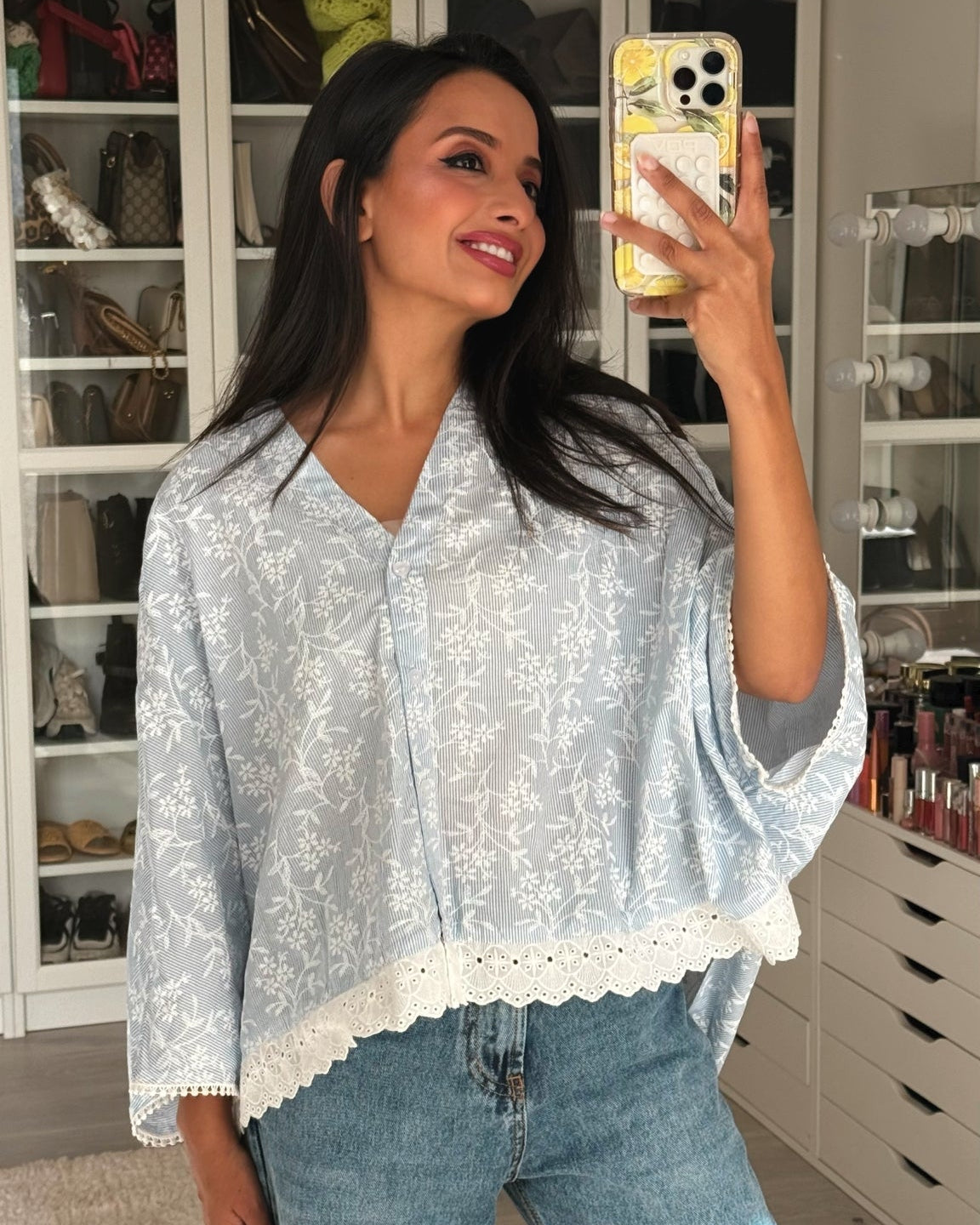 Floral Blouse with Lace Trim